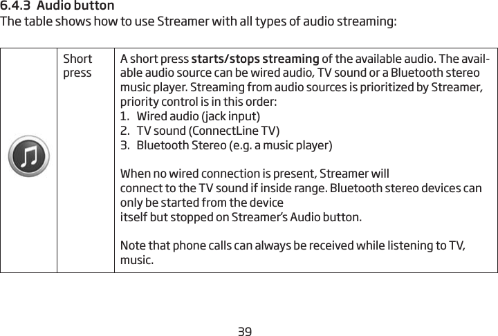 38396.4.3  Audio buttonThe table shows how to use Streamer with all types of audio streaming:Short pressA short press starts/stops streaming of the available audio. The avail-able audio source can be wired audio, TV sound or a Bluetooth stereo music player. Streaming from audio sources is prioritized by Streamer, priority control is in this order:1.  Wired audio (jack input)2.   TV sound (ConnectLine TV)3.  Bluetooth Stereo (e.g. a music player)When no wired connection is present, Streamer will  connect to the TV sound if inside range. Bluetooth stereo devices can only be started from the device  itself but stopped on Streamer’s Audio button.Note that phone calls can always be received while listening to TV, music.