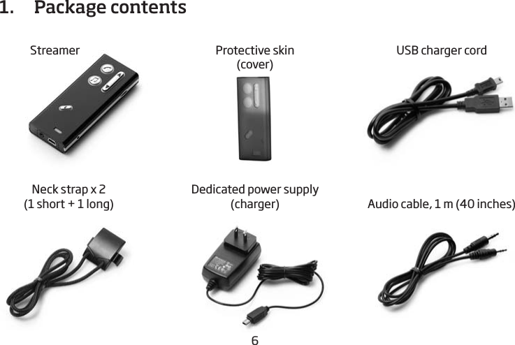 671.  Package contentsUSB charger cordDedicated power supply (charger) Audio cable, 1 m (40 inches)Streamer  Protective skin  (cover)Neck strap x 2(1 short + 1 long)