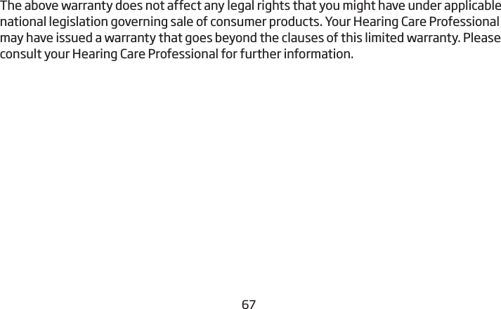 6667The above warranty does not affect any legal rights that you might have under applicable national legislation governing sale of consumer  products. Your Hearing Care Professional may have issued a warranty that goes  beyond the clauses of this limited warranty. Please consult your Hearing Care Professional for further information.