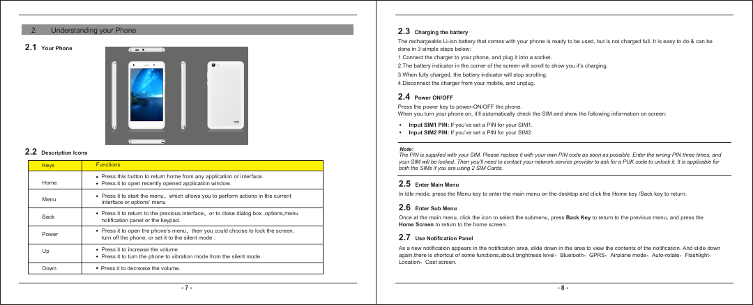 - 7 -2.12.2Your Phone Description Icons2.3 Charging the battery2.4 Power ON/OFF2.5 Enter Main Menu2.6 Enter Sub Menu2.7 Use Notification Panel  The rechargeable Li-ion battery that comes with your phone is ready to be used, but is not charged full. It is easy to do &amp; can be done in 3 simple steps below: Press the power key to power-ON/OFF the phone.When you turn your phone on, it’ll automatically check the SIM and show the following information on screen:Input SIM1 PIN: If you’ve set a PIN for your SIM1. Input SIM2 PIN: If you’ve set a PIN for your SIM2.1.Connect the charger to your phone, and plug it into a socket. 2.The battery indicator in the corner of the screen will scroll to show you it’s charging. 3.When fully charged, the battery indicator will stop scrolling. 4.Disconnect the charger from your mobile, and unplug.  KeysHomeMenuBackPowerUpDownPress it to decrease the volume.Press this button to return home from any application or interface.Press it to open recently opened application window.FunctionsPress it to start the menu，which allows you to perform actions in the current interface or options’ menuPress it to return to the previous interface，or to close dialog box ,options,menunotification panel or the keypad.Press it to open the phone’s menu，then you could choose to lock the screen, turn off the phone, or set it to the silent mode .Press it to increase the volumePress it to turn the phone to vibration mode from the silent mode.- 8 -Note:The PIN is supplied with your SIM. Please replace it with your own PIN code as soon as possible. Enter the wrong PIN three times, and your SIM will be locked. Then you’ll need to contact your network service provider to ask for a PUK code to unlock it. It is applicable for both the SIMs if you are using 2 SIM Cards.  In Idle mode, press the Menu key to enter the main menu on the desktop and click the Home key /Back key to return.As a new notification appears in the notification area, slide down in the area to view the contents of the notification. And slide down again,there is shortcut of some functions,about brightness level、Bluetooth、GPRS、Airplane mode、Auto-rotate、Flashlight、Location、Cast screen.Once at the main menu, click the icon to select the submenu, press Back Key to return to the previous menu, and press the Home Screen to return to the home screen.2        Understanding your Phone