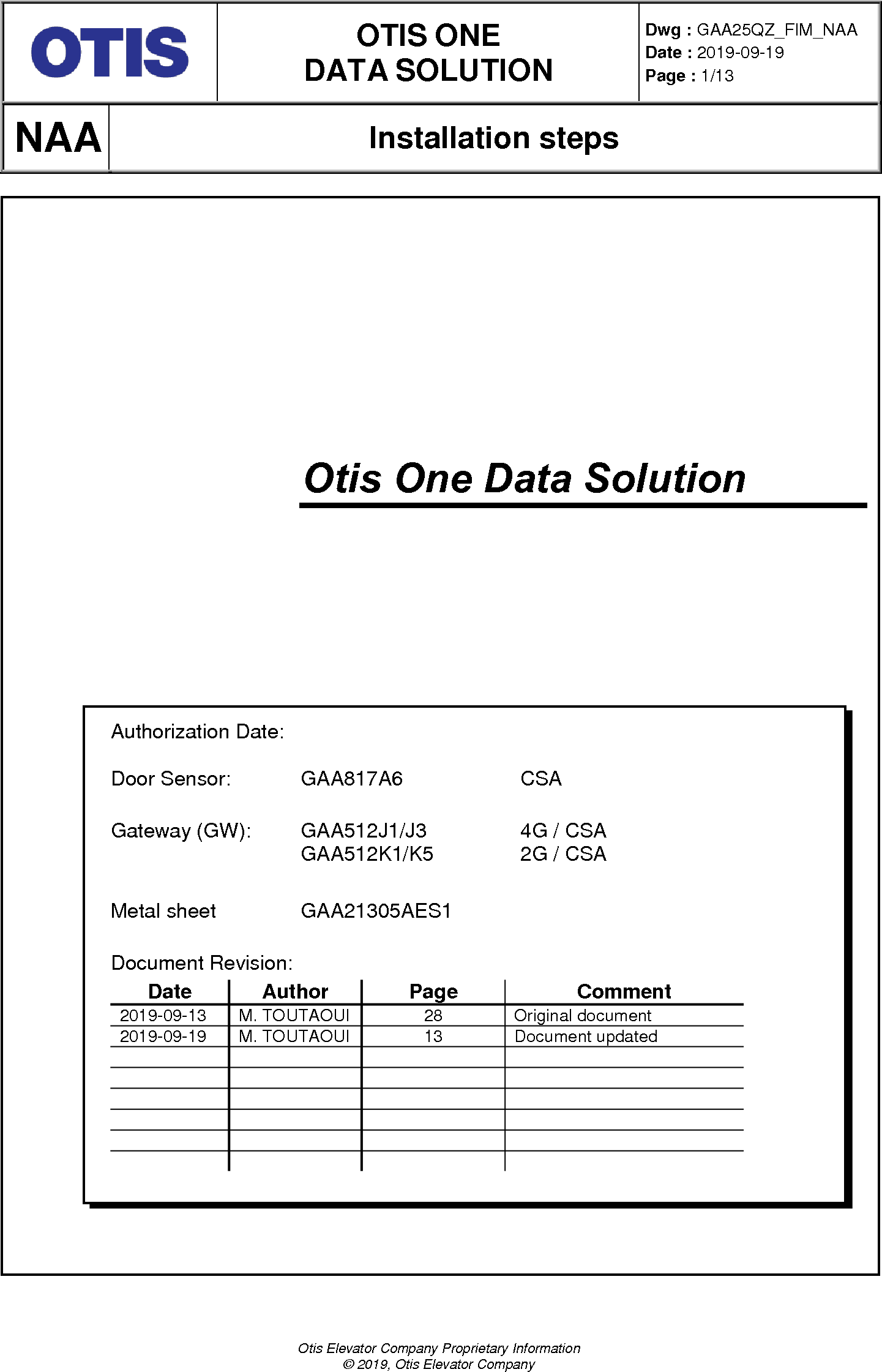 Otis Elevator Gaa817a One Data