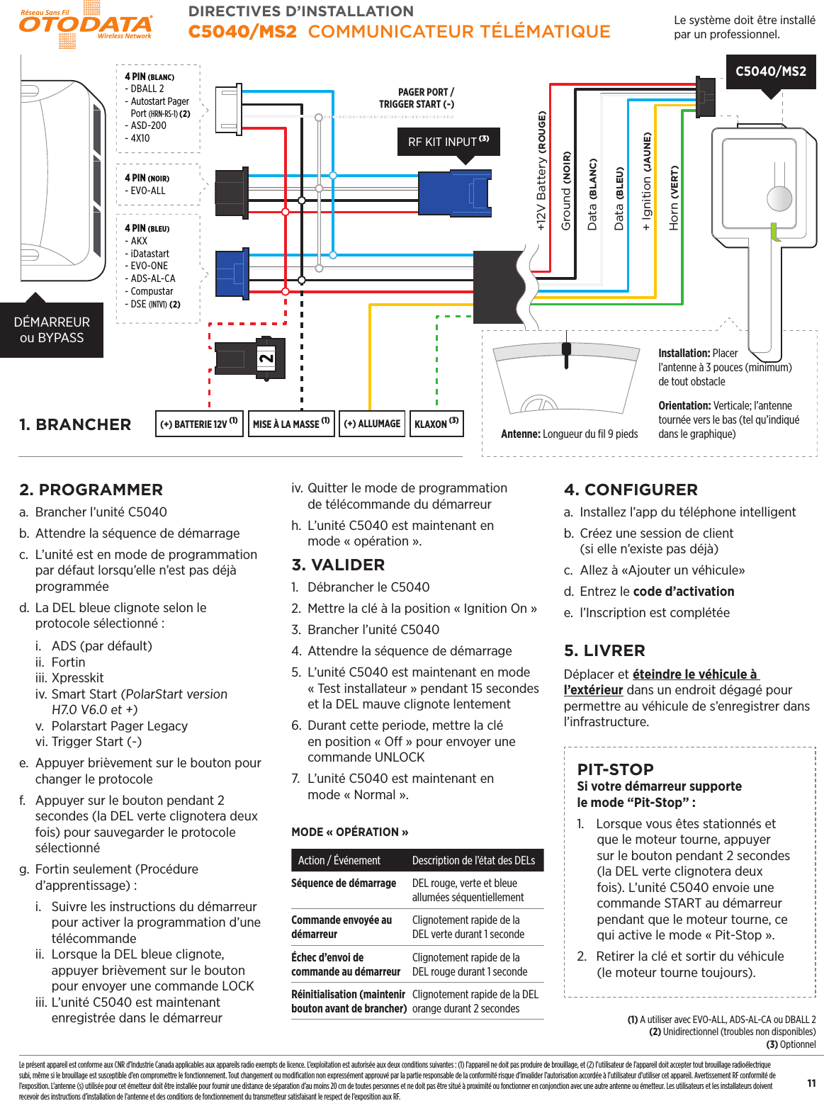 (+) ALLUMAGE(+) BATTERIE 12V (1) MISE &Agrave; LA MASSE (1) KLAXON (3)4 PIN (BLANC)- DBALL 2- Autostart Pager    Port (HRN-RS-1) (2)- ASD-200- 4X104 PIN (BLEU)- AKX- iDatastart- EVO-ONE- ADS-AL-CA- Compustar- DSE (INTV1) (2)+12V Battery (ROUGE)Ground (NOIR)Data (BLANC)Data (BLEU)+ Ignition (JAUNE)Horn (VERT)Antenne: Longueur du ﬁl 9 piedsInstallation: Placer l&rsquo;antenne &agrave; 3 pouces (minimum) de tout obstacleOrientation: Verticale; l&rsquo;antenne tourn&eacute;e vers le bas (tel qu&rsquo;indiqu&eacute; dans le graphique)PAGER PORT / TRIGGER START (-)4 PIN (NOIR)- EVO-ALLD&Eacute;MARREURou BYPASSC5040/MS2RF KIT INPUT (3)112. PROGRAMMERa.  Brancher l&rsquo;unit&eacute; C5040b.  Attendre la s&eacute;quence de d&eacute;marragec.  L&rsquo;unit&eacute; est en mode de programmation par d&eacute;faut lorsqu&rsquo;elle n&rsquo;est pas d&eacute;j&agrave; programm&eacute;ed.  La DEL bleue clignote selon le  protocole s&eacute;lectionn&eacute;:  i.  ADS (par d&eacute;fault)  ii. Fortin  iii. Xpresskit  iv. Smart Start (PolarStart version    H7.0 V6.0 et +)  v.  Polarstart Pager Legacy  vi. Trigger Start (-)e.  Appuyer bri&egrave;vement sur le bouton pour changer le protocolef.   Appuyer sur le bouton pendant 2 secondes (la DEL verte clignotera deux fois) pour sauvegarder le protocole s&eacute;lectionn&eacute;g.  Fortin seulement(Proc&eacute;dure d&rsquo;apprentissage) :  i.   Suivre les instructions du d&eacute;marreur    pour activer la programmation d&rsquo;une   t&eacute;l&eacute;commande  ii.  Lorsque la DEL bleue clignote,     appuyer bri&egrave;vement sur le bouton    pour envoyer une commande LOCK  iii.  L&rsquo;unit&eacute; C5040 est maintenant    enregistr&eacute;e dans le d&eacute;marreur iv.  Quitter le mode de programmation  de t&eacute;l&eacute;commande du d&eacute;marreurh.  L&rsquo;unit&eacute; C5040 est maintenant en  mode &laquo; op&eacute;ration &raquo;.3. VALIDER1.   D&eacute;brancher le C50402.  Mettre la cl&eacute; &agrave; la position &laquo;Ignition On&raquo;3.  Brancher l&rsquo;unit&eacute; C50404.  Attendre la s&eacute;quence de d&eacute;marrage5.  L&rsquo;unit&eacute; C5040 est maintenant en mode &laquo;Test installateur&raquo; pendant 15 secondes et la DEL mauve clignote lentement6.  Durant cette periode, mettre la cl&eacute; en position &laquo;O&raquo; pour envoyer une commande UNLOCK7.  L&rsquo;unit&eacute; C5040 est maintenant en  mode &laquo;Normal&raquo;. MODE &laquo;OP&Eacute;RATION&raquo;Action / &Eacute;v&eacute;nement Description de l&rsquo;&eacute;tat des DELsS&eacute;quence de d&eacute;marrage  DEL rouge, verte et bleue allum&eacute;es s&eacute;quentiellement Commande envoy&eacute;e au d&eacute;marreurClignotement rapide de la  DEL verte durant 1 seconde&Eacute;chec d&rsquo;envoi de  commande au d&eacute;marreurClignotement rapide de la  DEL rouge durant 1 secondeR&eacute;initialisation (maintenir bouton avant de brancher)Clignotement rapide de la DEL orange durant 2 secondes4. CONFIGURERa.  Installez l&rsquo;app du t&eacute;l&eacute;phone intelligentb.  Cr&eacute;ez une session de client  (si elle n&rsquo;existe pas d&eacute;j&agrave;)c.  Allez &agrave; &laquo;Ajouter un v&eacute;hicule&raquo;d.  Entrez le code d&rsquo;activatione.  l&rsquo;Inscription est compl&eacute;t&eacute;e 5. LIVRERD&eacute;placer et &eacute;teindre le v&eacute;hicule &agrave; l&rsquo;ext&eacute;rieur dans un endroit d&eacute;gag&eacute; pour permettre au v&eacute;hicule de s&rsquo;enregistrer dans l&rsquo;infrastructure.PIT-STOP Si votre d&eacute;marreur supporte  le mode &ldquo;Pit-Stop&rdquo; :1.  Lorsque vous &ecirc;tes stationn&eacute;s et que le moteur tourne, appuyer sur le bouton pendant 2 secondes (la DEL verte clignotera deux fois). L&rsquo;unit&eacute; C5040 envoie une commande START au d&eacute;marreur pendant que le moteur tourne, ce qui active le mode &laquo; Pit-Stop &raquo;.2.   Retirer la cl&eacute; et sortir du v&eacute;hicule (le moteur tourne toujours).(1) A utiliser avec EVO-ALL, ADS-AL-CA ou DBALL 2(2) Unidirectionnel (troubles non disponibles)(3) OptionnelDIRECTIVES D&rsquo;INSTALLATIONC5040/MS2  COMMUNICATEUR T&Eacute;L&Eacute;MATIQUELe pr&eacute;sent appareil est conforme aux CNR d&rsquo;Industrie Canada applicables aux appareils radio exempts de licence. L&rsquo;exploitation est autoris&eacute;e aux deux conditions suivantes : (1) l&rsquo;appareil ne doit pas produire de brouillage, et (2) l&rsquo;utilisateur de l&rsquo;appareil doit accepter tout brouillage radio&eacute;lectrique subi, m&ecirc;me si le brouillage est susceptible d&rsquo;en compromettre le fonctionnement. Tout changement ou modiﬁcation non express&eacute;ment approuv&eacute; par la partie responsable de la conformit&eacute; risque d&rsquo;invalider l&rsquo;autorisation accord&eacute;e &agrave; l&rsquo;utilisateur d&rsquo;utiliser cet appareil. Avertissement RF conformit&eacute; de l&rsquo;exposition. L&rsquo;antenne (s) utilis&eacute;e pour cet &eacute;metteur doit &ecirc;tre install&eacute;e pour fournir une distance de s&eacute;paration d&rsquo;au moins 20 cm de toutes personnes et ne doit pas &ecirc;tre situ&eacute; &agrave; proximit&eacute; ou fonctionner en conjonction avec une autre antenne ou &eacute;metteur. Les utilisateurs et les installateurs doivent recevoir des instructions d&rsquo;installation de l&rsquo;antenne et des conditions de fonctionnement du transmetteur satisfaisant le respect de l&rsquo;exposition aux RF.1. BRANCHER Le syst&egrave;me doit &ecirc;tre install&eacute; par un professionnel.