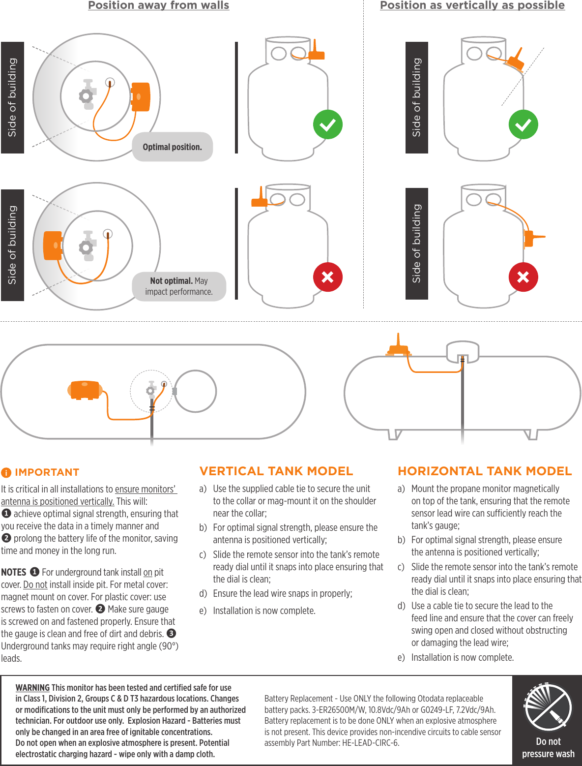 Side of buildingSide of buildingSide of buildingSide of buildingPosition away from walls Position as vertically as possibleWARNING This monitor has been tested and certiﬁed safe for use  in Class 1, Division 2, Groups C &amp; D T3 hazardous locations. Changes or modiﬁcations to the unit must only be performed by an authorized technician. For outdoor use only.  Explosion Hazard - Batteries must only be changed in an area free of ignitable concentrations.  Do not open when an explosive atmosphere is present. Potential  electrostatic charging hazard - wipe only with a damp cloth.Battery Replacement - Use ONLY the following Otodata replaceable battery packs. 3-ER26500M/W, 10.8Vdc/9Ah or G0249-LF, 7.2Vdc/9Ah. Battery replacement is to be done ONLY when an explosive atmosphere is not present. This device provides non-incendive circuits to cable sensor assembly Part Number: HE-LEAD-CIRC-6. Do not pressure wash IMPORTANTIt is critical in all installations to ensure monitors&rsquo; antenna is positioned vertically. This will: ❶ achieve optimal signal strength, ensuring that you receive the data in a timely manner and ❷ prolong the battery life of the monitor, saving time and money in the long run.NOTES ❶ For underground tank install on pit cover. Do not install inside pit. For metal cover: magnet mount on cover. For plastic cover: use screws to fasten on cover. ❷ Make sure gauge is screwed on and fastened properly. Ensure that the gauge is clean and free of dirt and debris. ❸ Underground tanks may require right angle (90&deg;) leads.VERTICAL TANK MODELa)  Use the supplied cable tie to secure the unit to the collar or mag-mount it on the shoulder near the collar;b)  For optimal signal strength, please ensure the antenna is positioned vertically;c)  Slide the remote sensor into the tank&rsquo;s remote ready dial until it snaps into place ensuring that the dial is clean;d)  Ensure the lead wire snaps in properly;e)  Installation is now complete.HORIZONTAL TANK MODELa)  Mount the propane monitor magnetically on top of the tank, ensuring that the remote sensor lead wire can suciently reach the tank&rsquo;s gauge;b)  For optimal signal strength, please ensure  the antenna is positioned vertically;c)  Slide the remote sensor into the tank&rsquo;s remote ready dial until it snaps into place ensuring that the dial is clean;d)  Use a cable tie to secure the lead to the  feed line and ensure that the cover can freely swing open and closed without obstructing  or damaging the lead wire;e)  Installation is now complete.Not optimal. May  impact performance.Optimal position.