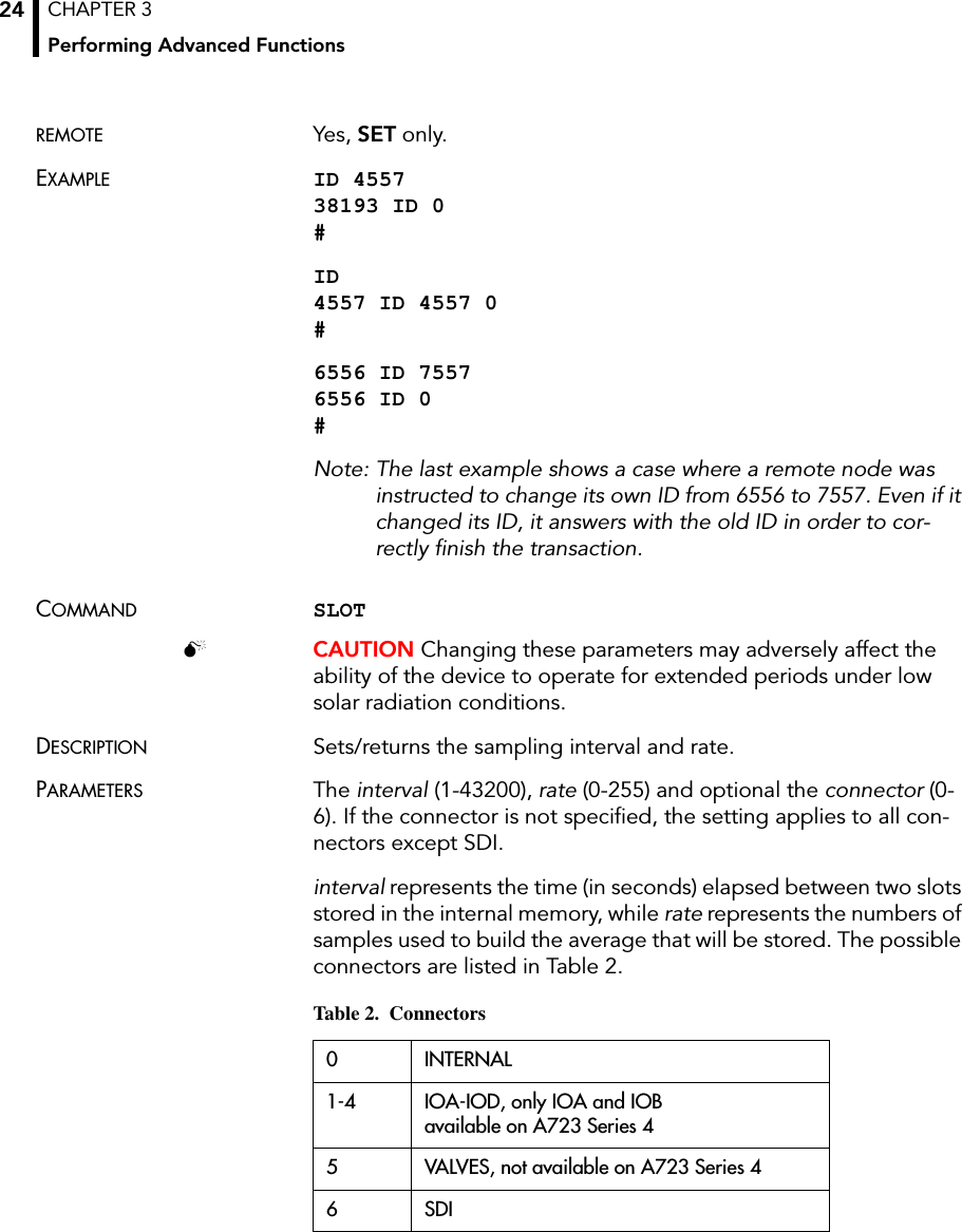 CHAPTER 3Performing Advanced Functions24REMOTE Yes, SET only.EXAMPLE ID 4557 38193 ID 0 #ID 4557 ID 4557 0 #6556 ID 7557 6556 ID 0 #Note: The last example shows a case where a remote node was instructed to change its own ID from 6556 to 7557. Even if it changed its ID, it answers with the old ID in order to cor-rectly finish the transaction.COMMAND SLOT CAUTION Changing these parameters may adversely affect the ability of the device to operate for extended periods under low solar radiation conditions. DESCRIPTION Sets/returns the sampling interval and rate.PARAMETERS The interval (1-43200), rate (0-255) and optional the connector (0-6). If the connector is not specified, the setting applies to all con-nectors except SDI.interval represents the time (in seconds) elapsed between two slots stored in the internal memory, while rate represents the numbers of samples used to build the average that will be stored. The possible connectors are listed in Table 2.Table 2.  Connectors0 INTERNAL1-4 IOA-IOD, only IOA and IOBavailable on A723 Series 45 VALVES, not available on A723 Series 46 SDI