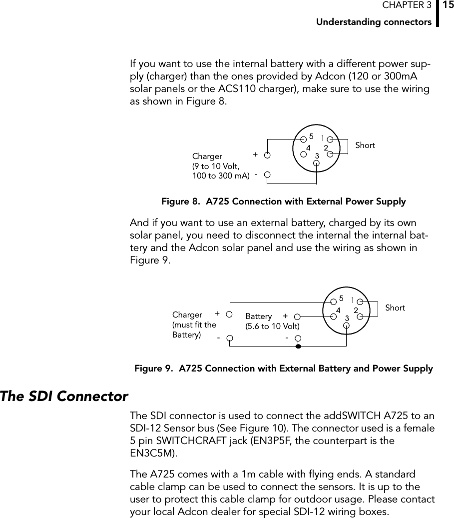 CHAPTER 3Understanding connectors15If you want to use the internal battery with a different power sup-ply (charger) than the ones provided by Adcon (120 or 300mA solar panels or the ACS110 charger), make sure to use the wiring as shown in Figure 8.Figure 8.  A725 Connection with External Power SupplyAnd if you want to use an external battery, charged by its own solar panel, you need to disconnect the internal the internal bat-tery and the Adcon solar panel and use the wiring as shown in Figure 9.Figure 9.  A725 Connection with External Battery and Power SupplyThe SDI ConnectorThe SDI connector is used to connect the addSWITCH A725 to an SDI-12 Sensor bus (See Figure 10). The connector used is a female 5 pin SWITCHCRAFT jack (EN3P5F, the counterpart is the EN3C5M).The A725 comes with a 1m cable with flying ends. A standard cable clamp can be used to connect the sensors. It is up to the user to protect this cable clamp for outdoor usage. Please contact your local Adcon dealer for special SDI-12 wiring boxes.12345Charger (9 to 10 Volt,+-Short100 to 300 mA)+12345Charger (must fit the +-ShortBattery (5.6 to 10 Volt)Battery) -