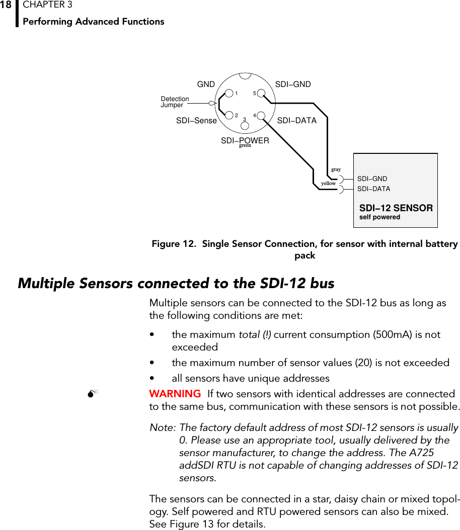 CHAPTER 3Performing Advanced Functions18Figure 12.  Single Sensor Connection, for sensor with internal battery packMultiple Sensors connected to the SDI-12 busMultiple sensors can be connected to the SDI-12 bus as long as the following conditions are met:• the maximum total (!) current consumption (500mA) is not exceeded• the maximum number of sensor values (20) is not exceeded• all sensors have unique addresses WARNING  If two sensors with identical addresses are connected to the same bus, communication with these sensors is not possible.Note: The factory default address of most SDI-12 sensors is usually 0. Please use an appropriate tool, usually delivered by the sensor manufacturer, to change the address. The A725 addSDI RTU is not capable of changing addresses of SDI-12 sensors.The sensors can be connected in a star, daisy chain or mixed topol-ogy. Self powered and RTU powered sensors can also be mixed. See Figure 13 for details.JumperDetectionSDI−DATASDI−GND12SDI−DATASDI−GND345SDI−SenseSDI−POWERGNDgrayyellowgreenself poweredSDI−12 SENSOR