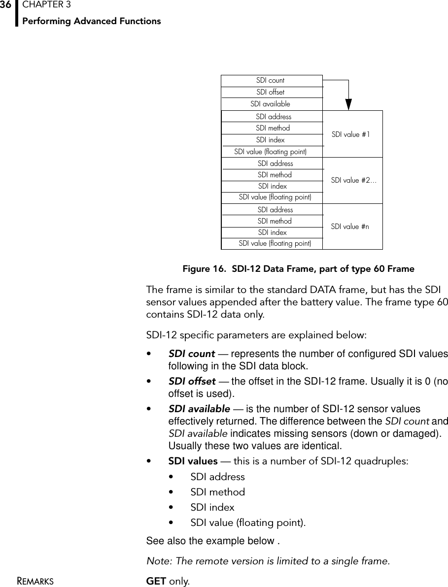 CHAPTER 3Performing Advanced Functions36Figure 16.  SDI-12 Data Frame, part of type 60 FrameThe frame is similar to the standard DATA frame, but has the SDI sensor values appended after the battery value. The frame type 60 contains SDI-12 data only. SDI-12 specific parameters are explained below: •SDI count — represents the number of configured SDI values following in the SDI data block. •SDI offset — the offset in the SDI-12 frame. Usually it is 0 (no offset is used). •SDI available — is the number of SDI-12 sensor values effectively returned. The difference between the SDI count and SDI available indicates missing sensors (down or damaged). Usually these two values are identical. •SDI values — this is a number of SDI-12 quadruples: • SDI address • SDI method • SDI index • SDI value (floating point). See also the example below .Note: The remote version is limited to a single frame. REMARKS GET only.SDI countSDI addressSDI methodSDI indexSDI value (floating point)SDI addressSDI offsetSDI availableSDI methodSDI indexSDI value (floating point)SDI value #1SDI value #2...SDI addressSDI methodSDI indexSDI value (floating point)SDI value #n