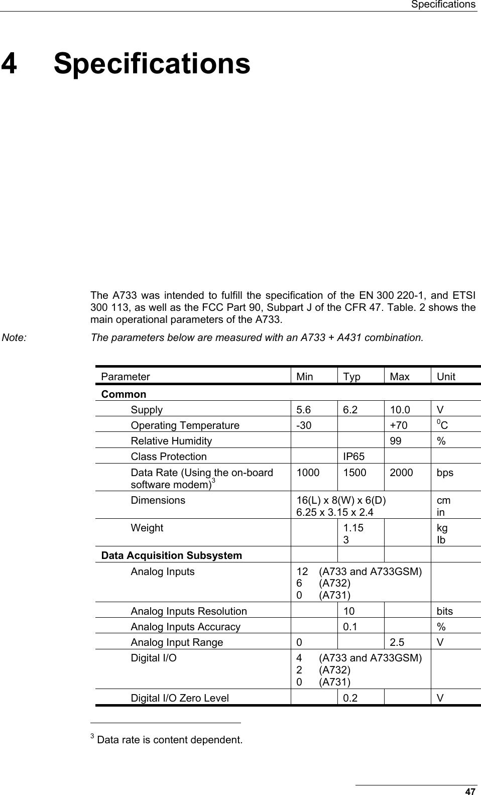  Specifications 4 Specifications The A733 was intended to fulfill the specification of the EN 300 220-1, and ETSI 300 113, as well as the FCC Part 90, Subpart J of the CFR 47. Table. 2 shows the main operational parameters of the A733. Note:  The parameters below are measured with an A733 + A431 combination.  Parameter Min Typ Max Unit Common      Supply  5.6 6.2 10.0 V Operating Temperature  -30    +70  0C Relative Humidity    99 % Class Protection    IP65     Data Rate (Using the on-board software modem)3 1000 1500 2000 bps Dimensions   16(L) x 8(W) x 6(D) 6.25 x 3.15 x 2.4 cm in Weight  1.15 3  kg Ib Data Acquisition Subsystem      Analog Inputs  12  (A733 and A733GSM) 6   (A732) 0   (A731)  Analog Inputs Resolution    10    bits Analog Inputs Accuracy    0.1    % Analog Input Range  0    2.5  V Digital I/O  4  (A733 and A733GSM) 2   (A732) 0   (A731)  Digital I/O Zero Level    0.2    V                                                       3 Data rate is content dependent. 47 