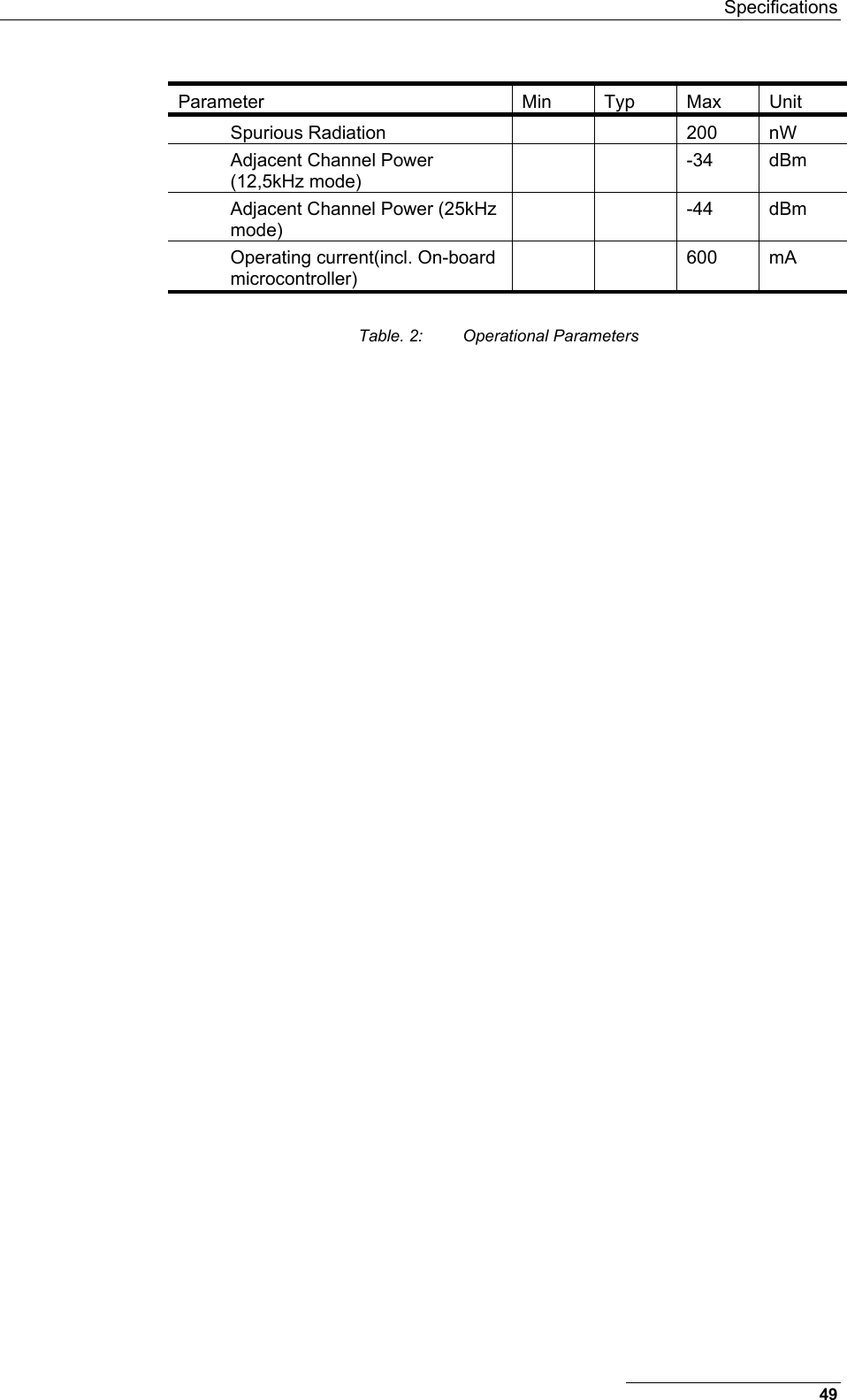  Specifications Parameter Min Typ Max Unit Spurious Radiation    200 nW Adjacent Channel Power (12,5kHz mode)   -34 dBm Adjacent Channel Power (25kHz mode)   -44 dBm Operating current(incl. On-board microcontroller)   600 mA  Table. 2:  Operational Parameters  49 
