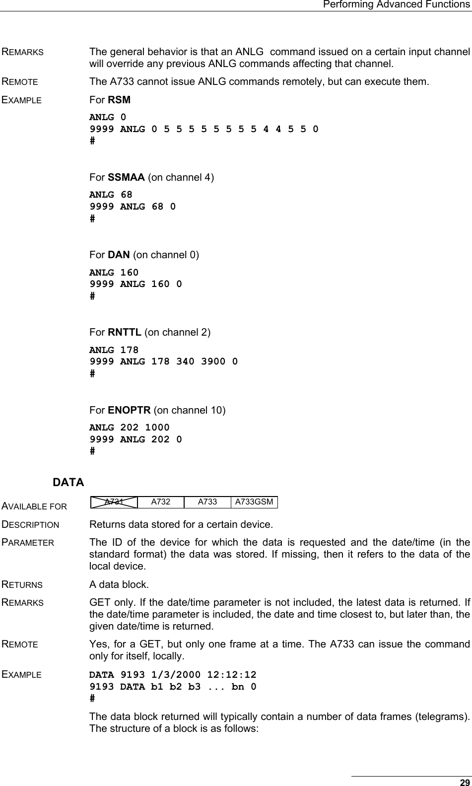   Performing Advanced Functions 29 REMARKS  The general behavior is that an ANLG command issued on a certain input channel will override any previous ANLG commands affecting that channel. REMOTE  The A733 cannot issue ANLG commands remotely, but can execute them. EXAMPLE For RSM ANLG 0 9999 ANLG 0 5 5 5 5 5 5 5 5 4 4 5 5 0 #  For SSMAA (on channel 4) ANLG 68 9999 ANLG 68 0 #  For DAN (on channel 0) ANLG 160 9999 ANLG 160 0 #  For RNTTL (on channel 2) ANLG 178 9999 ANLG 178 340 3900 0 #  For ENOPTR (on channel 10) ANLG 202 1000 9999 ANLG 202 0 # DATA AVAILABLE FOR A731 A733A732 A733GSM  DESCRIPTION  Returns data stored for a certain device. PARAMETER  The ID of the device for which the data is requested and the date/time (in the standard format) the data was stored. If missing, then it refers to the data of the local device. RETURNS  A data block. REMARKS  GET only. If the date/time parameter is not included, the latest data is returned. If the date/time parameter is included, the date and time closest to, but later than, the given date/time is returned. REMOTE  Yes, for a GET, but only one frame at a time. The A733 can issue the command only for itself, locally. EXAMPLE DATA 9193 1/3/2000 12:12:12 9193 DATA b1 b2 b3 ... bn 0 # The data block returned will typically contain a number of data frames (telegrams). The structure of a block is as follows: 