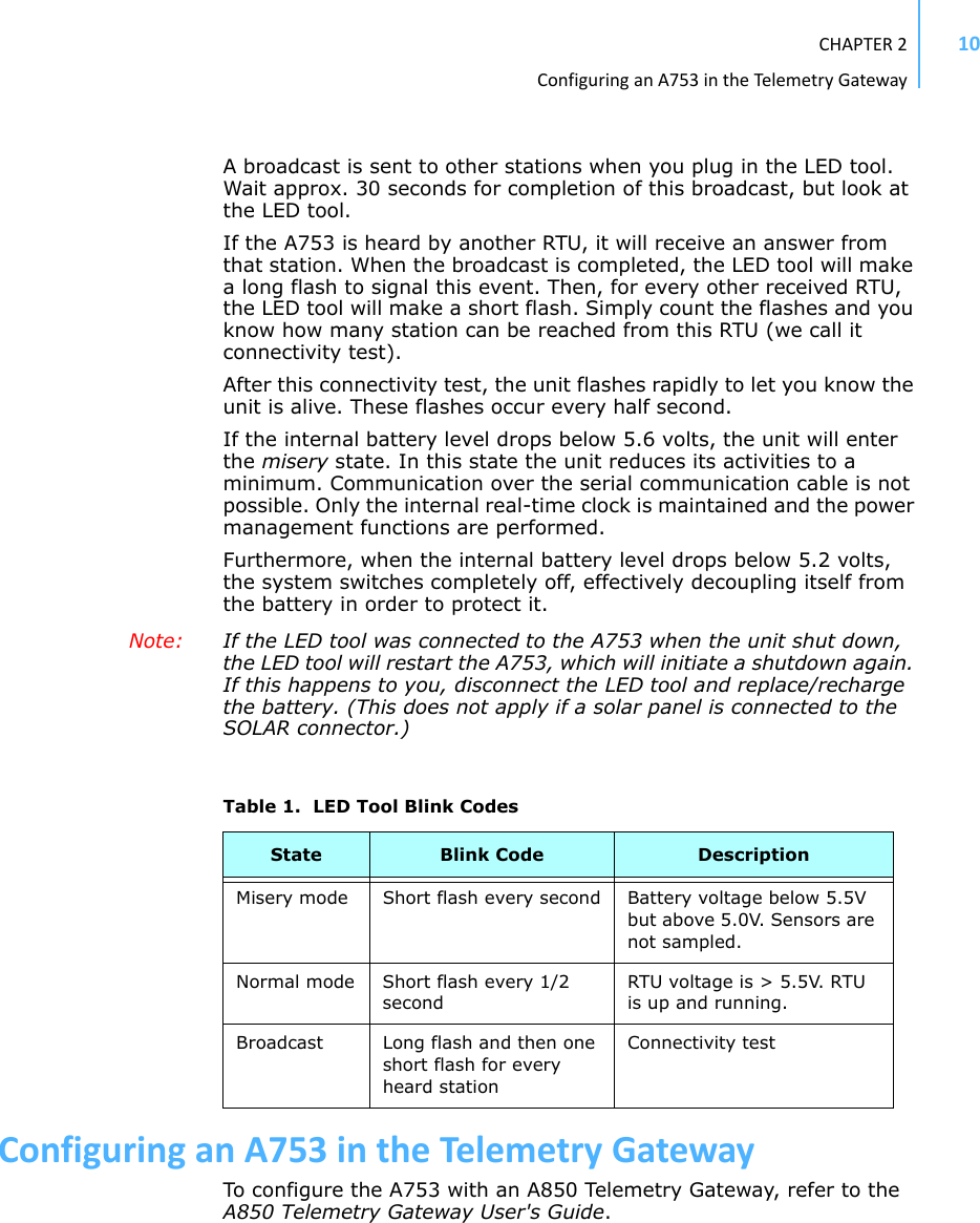CHAPTER2ConfiguringanA753intheTelemetr yGateway10A broadcast is sent to other stations when you plug in the LED tool. Wait approx. 30 seconds for completion of this broadcast, but look at the LED tool. If the A753 is heard by another RTU, it will receive an answer from that station. When the broadcast is completed, the LED tool will make a long flash to signal this event. Then, for every other received RTU, the LED tool will make a short flash. Simply count the flashes and you know how many station can be reached from this RTU (we call it connectivity test).After this connectivity test, the unit flashes rapidly to let you know the unit is alive. These flashes occur every half second.If the internal battery level drops below 5.6 volts, the unit will enter the misery state. In this state the unit reduces its activities to a minimum. Communication over the serial communication cable is not possible. Only the internal real-time clock is maintained and the power management functions are performed. Furthermore, when the internal battery level drops below 5.2 volts, the system switches completely off, effectively decoupling itself from the battery in order to protect it.Table 1.  LED Tool Blink CodesState Blink Code DescriptionMisery mode Short flash every second Battery voltage below 5.5V but above 5.0V. Sensors are not sampled.Normal mode Short flash every 1/2 secondRTU voltage is &gt; 5.5V. RTU is up and running.Broadcast Long flash and then one short flash for every heard stationConnectivity testNote:  If the LED tool was connected to the A753 when the unit shut down, the LED tool will restart the A753, which will initiate a shutdown again. If this happens to you, disconnect the LED tool and replace/recharge the battery. (This does not apply if a solar panel is connected to the SOLAR connector.) ConfiguringanA753intheTelemetryGatewayTo configure the A753 with an A850 Telemetry Gateway, refer to the A850 Telemetry Gateway User&apos;s Guide. 