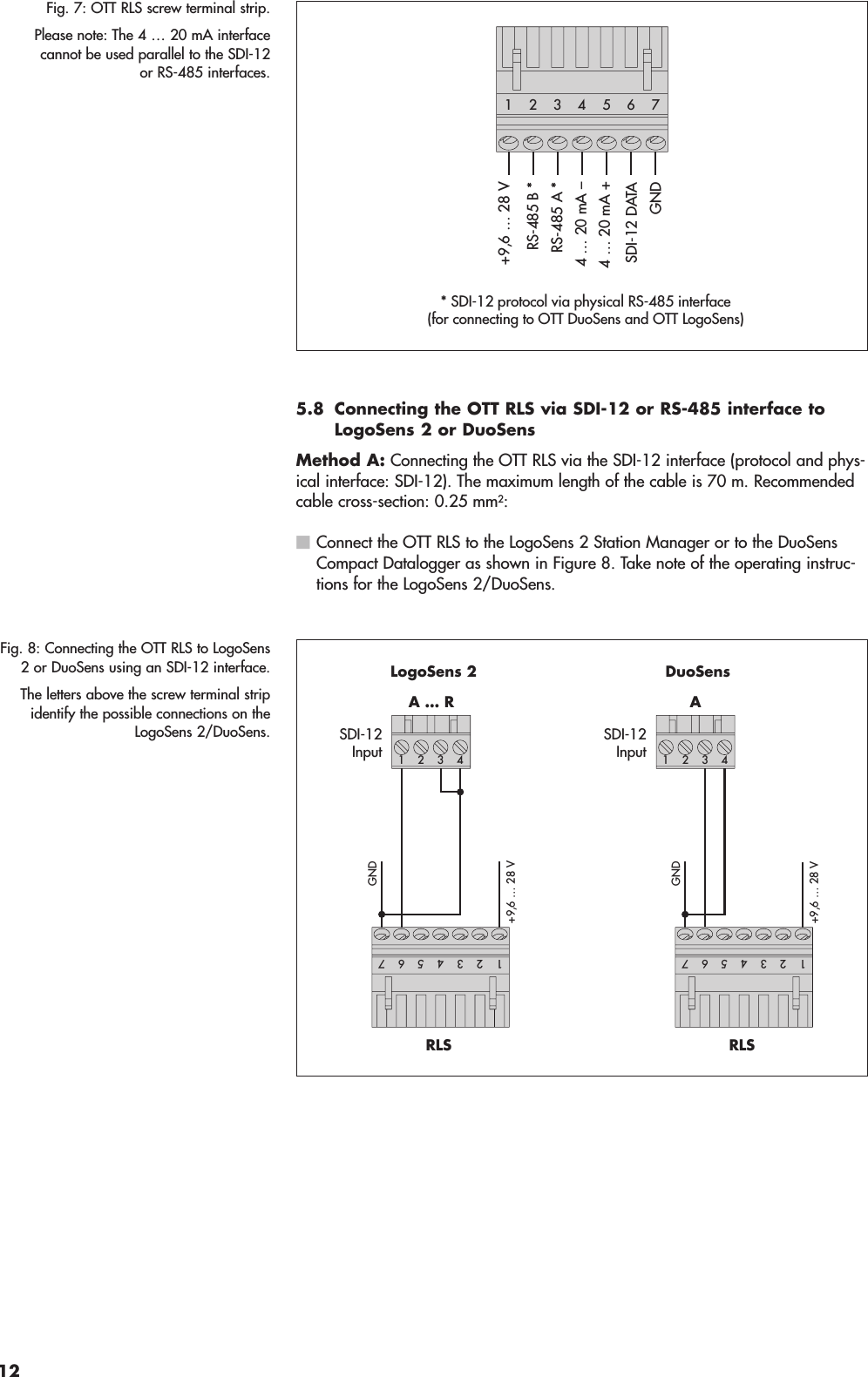 5.8 Connecting the OTT RLS via SDI-12 or RS-485 interface toLogoSens 2 or DuoSensMethod A: Connecting the OTT RLS via the SDI-12 interface (protocol and phys-ical interface: SDI-12). The maximum length of the cable is 70 m. Recommendedcable cross-section: 0.25 mm2:ⅥConnect the OTT RLS to the LogoSens 2 Station Manager or to the DuoSensCompact Datalogger as shown in Figure 8. Take note of the operating instruc-tions for the LogoSens 2/DuoSens.SDI-12InputA … R4312 LogoSens 2SDI-12InputA4312 DuoSensRLS5423176RLS5423176+9,6 … 28 VGND+9,6 … 28 VGNDFig. 8: Connecting the OTT RLS to LogoSens2 or DuoSens using an SDI-12 interface.The letters above the screw terminal stripidentify the possible connections on theLogoSens 2/DuoSens.4 … 20 mA +4 … 20 mA –GNDRS-485 B *RS-485 A *SDI-12 DATA* SDI-12 protocol via physical RS-485 interface(for connecting to OTT DuoSens and OTT LogoSens)5423176+9,6 … 28 VFig. 7: OTT RLS screw terminal strip.Please note: The 4 … 20 mA interfacecannot be used parallel to the SDI-12or RS-485 interfaces.12