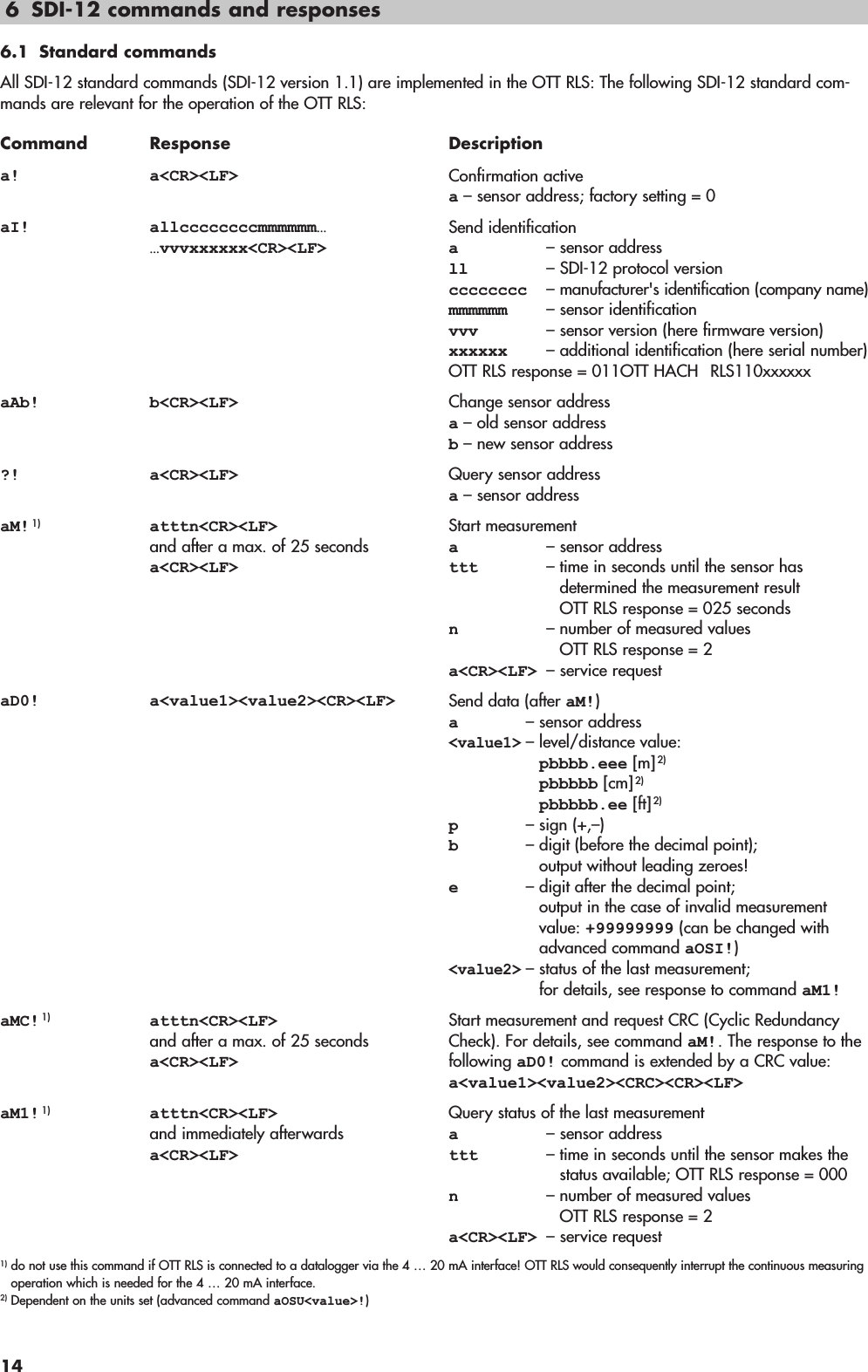 6 SDI-12 commands and responses6.1 Standard commandsAll SDI-12 standard commands (SDI-12 version 1.1) are implemented in the OTT RLS: The following SDI-12 standard com-mands are relevant for the operation of the OTT RLS:Command Response Descriptiona! a&lt;CR&gt;&lt;LF&gt; Confirmation activea– sensor address; factory setting = 0aI! allccccccccmmmmmm……vvvxxxxxx&lt;CR&gt;&lt;LF&gt;Send identificationa– sensor addressll – SDI-12 protocol versioncccccccc – manufacturer&apos;s identification (company name)mmmmmm – sensor identificationvvv – sensor version (here firmware version)xxxxxx – additional identification (here serial number)OTT RLS response = 011OTT HACH RLS110xxxxxxaAb! b&lt;CR&gt;&lt;LF&gt; Change sensor addressa– old sensor addressb– new sensor address?! a&lt;CR&gt;&lt;LF&gt; Query sensor address a– sensor addressaM! 1)atttn&lt;CR&gt;&lt;LF&gt;and after a max. of 25 secondsa&lt;CR&gt;&lt;LF&gt;Start measurementa– sensor addressttt – time in seconds until the sensor hasdetermined the measurement result OTT RLS response = 025 secondsn– number of measured valuesOTT RLS response = 2a&lt;CR&gt;&lt;LF&gt; – service requestaD0! a&lt;value1&gt;&lt;value2&gt;&lt;CR&gt;&lt;LF&gt; Send data (after aM!)a– sensor address&lt;value1&gt;– level/distance value:pbbbb.eee [m]2)pbbbbb [cm]2)pbbbbb.ee [ft]2)p– sign (+,–)b– digit (before the decimal point);output without leading zeroes!e– digit after the decimal point;output in the case of invalid measurementvalue: +99999999 (can be changed withadvanced command aOSI!)&lt;value2&gt;– status of the last measurement;for details, see response to command aM1!aMC! 1) atttn&lt;CR&gt;&lt;LF&gt;and after a max. of 25 secondsa&lt;CR&gt;&lt;LF&gt;Start measurement and request CRC (Cyclic RedundancyCheck). For details, see command aM!. The response to thefollowing aD0! command is extended by a CRC value:a&lt;value1&gt;&lt;value2&gt;&lt;CRC&gt;&lt;CR&gt;&lt;LF&gt;aM1! 1) atttn&lt;CR&gt;&lt;LF&gt;and immediately afterwardsa&lt;CR&gt;&lt;LF&gt;Query status of the last measurementa– sensor addressttt – time in seconds until the sensor makes thestatus available; OTT RLS response = 000n– number of measured valuesOTT RLS response = 2a&lt;CR&gt;&lt;LF&gt; – service request1) do not use this command if OTT RLS is connected to a datalogger via the 4 … 20 mA interface! OTT RLS would consequently interrupt the continuous measuringoperation which is needed for the 4 … 20 mA interface.2) Dependent on the units set (advanced command aOSU&lt;value&gt;!)14