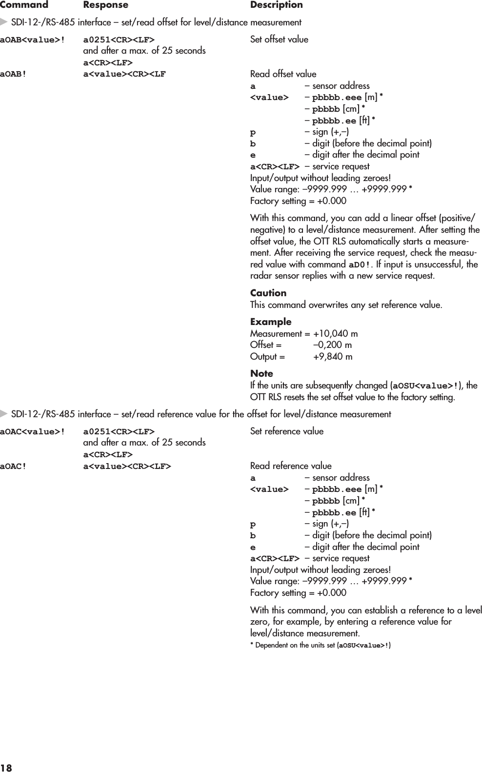 Command Response DescriptionSDI-12-/RS-485 interface – set/read offset for level/distance measurementaOAB&lt;value&gt;!aOAB!a0251&lt;CR&gt;&lt;LF&gt;and after a max. of 25 secondsa&lt;CR&gt;&lt;LF&gt;a&lt;value&gt;&lt;CR&gt;&lt;LFSet offset valueRead offset valuea– sensor address&lt;value&gt; – pbbbb.eee [m] *– pbbbb [cm] *– pbbbb.ee [ft] *p– sign (+,–)b– digit (before the decimal point)e– digit after the decimal pointa&lt;CR&gt;&lt;LF&gt; – service requestInput/output without leading zeroes!Value range: –9999.999 … +9999.999 *Factory setting = +0.000With this command, you can add a linear offset (positive/negative) to a level/distance measurement. After setting theoffset value, the OTT RLS automatically starts a measure-ment. After receiving the service request, check the measu-red value with command aD0!. If input is unsuccessful, theradar sensor replies with a new service request.CautionThis command overwrites any set reference value.ExampleMeasurement = +10,040 mOffset = –0,200 mOutput = +9,840 mNoteIf the units are subsequently changed (aOSU&lt;value&gt;!), theOTT RLS resets the set offset value to the factory setting.SDI-12-/RS-485 interface – set/read reference value for the offset for level/distance measurementaOAC&lt;value&gt;!aOAC!a0251&lt;CR&gt;&lt;LF&gt;and after a max. of 25 secondsa&lt;CR&gt;&lt;LF&gt;a&lt;value&gt;&lt;CR&gt;&lt;LF&gt;Set reference valueRead reference valuea– sensor address&lt;value&gt; – pbbbb.eee [m] *– pbbbb [cm] *– pbbbb.ee [ft] *p– sign (+,–)b– digit (before the decimal point)e– digit after the decimal pointa&lt;CR&gt;&lt;LF&gt; – service requestInput/output without leading zeroes!Value range: –9999.999 … +9999.999 *Factory setting = +0.000With this command, you can establish a reference to a levelzero, for example, by entering a reference value forlevel/distance measurement.* Dependent on the units set (aOSU&lt;value&gt;!)18