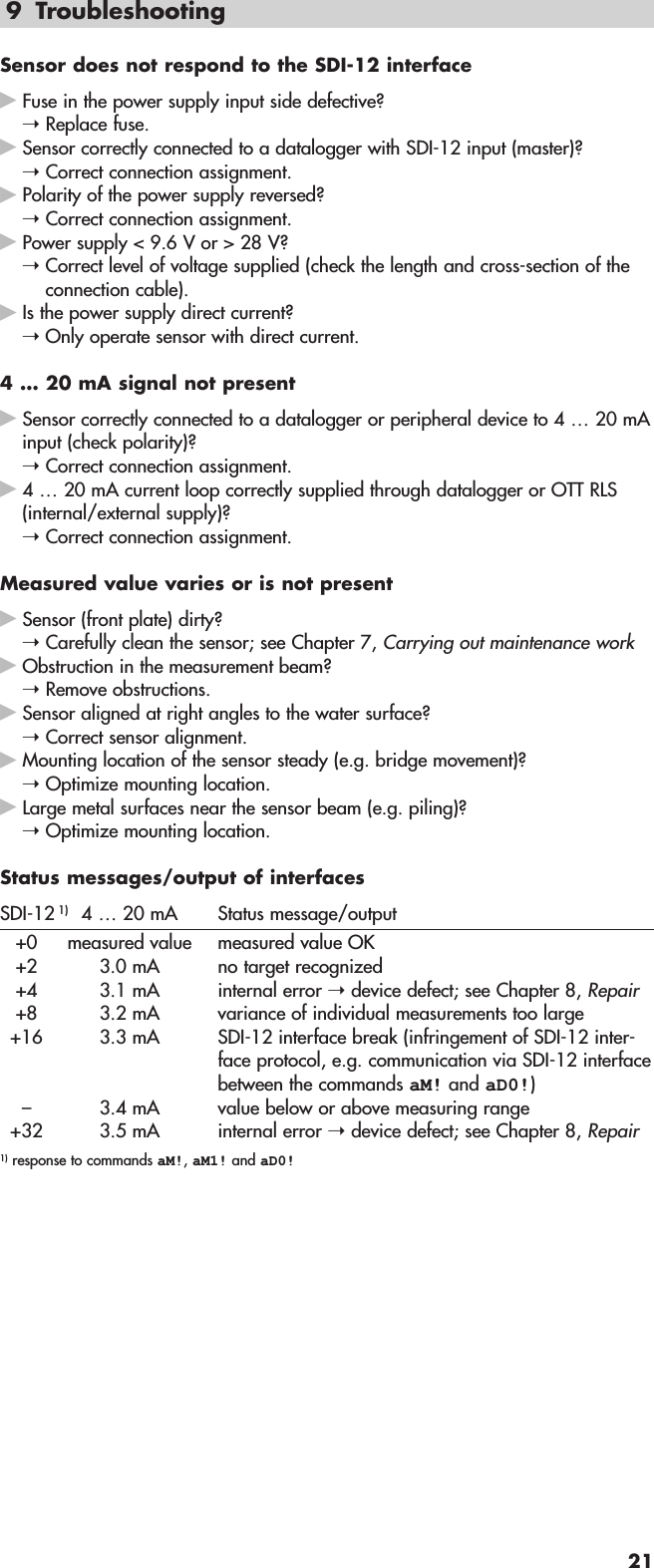 9 TroubleshootingSensor does not respond to the SDI-12 interfaceFuse in the power supply input side defective? ➝Replace fuse.Sensor correctly connected to a datalogger with SDI-12 input (master)? ➝Correct connection assignment.Polarity of the power supply reversed? ➝Correct connection assignment.Power supply &lt; 9.6 V or &gt; 28 V? ➝Correct level of voltage supplied (check the length and cross-section of theconnection cable).Is the power supply direct current? ➝Only operate sensor with direct current.4 … 20 mA signal not presentSensor correctly connected to a datalogger or peripheral device to 4 … 20 mAinput (check polarity)? ➝Correct connection assignment.4 … 20 mA current loop correctly supplied through datalogger or OTT RLS(internal/external supply)? ➝Correct connection assignment. Measured value varies or is not presentSensor (front plate) dirty? ➝Carefully clean the sensor; see Chapter 7, Carrying out maintenance workObstruction in the measurement beam? ➝Remove obstructions.Sensor aligned at right angles to the water surface? ➝Correct sensor alignment.Mounting location of the sensor steady (e.g. bridge movement)? ➝Optimize mounting location.Large metal surfaces near the sensor beam (e.g. piling)? ➝Optimize mounting location.Status messages/output of interfacesSDI-12 1) 4 … 20 mA Status message/output+0 measured value measured value OK+2 3.0 mA no target recognized+4 3.1 mA internal error ➝device defect; see Chapter 8, Repair+8 3.2 mA variance of individual measurements too large+16 3.3 mA SDI-12 interface break (infringement of SDI-12 inter-face protocol, e.g. communication via SDI-12 interfacebetween the commands aM! and aD0!)– 3.4 mA value below or above measuring range+32 3.5 mA internal error ➝device defect; see Chapter 8, Repair1) response to commands aM!, aM1! and aD0!21