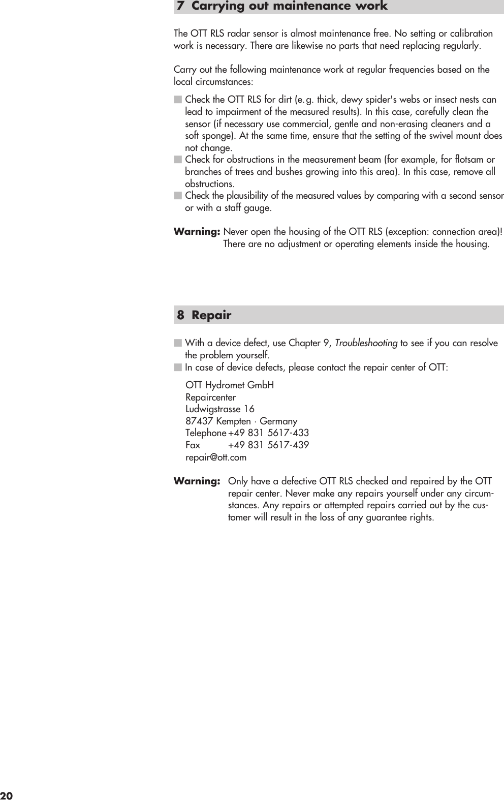 Page 20 of Ott Hydromet RLS253 Radar Level Sensor User Manual Layout Bedienungsanleitung