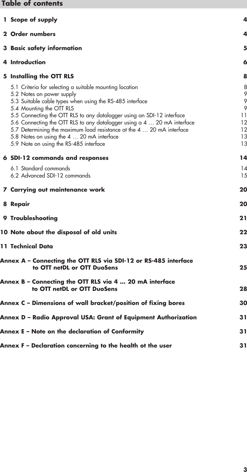 Page 3 of Ott Hydromet RLS253 Radar Level Sensor User Manual Layout Bedienungsanleitung