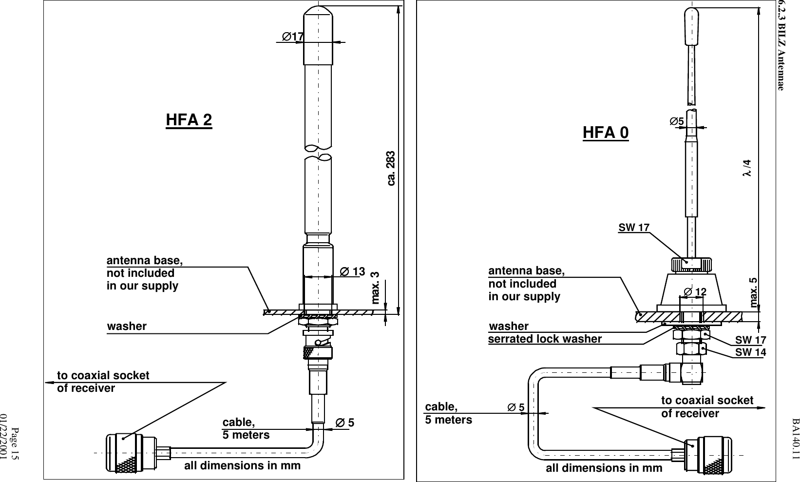 BA140.11Page 1501/22/20016.2.3 BILZ Antennae∅∅∅∅ 12SW 14∅∅∅∅ 5SW 17serrated lock washerantenna base,not includedin our supplycable,5 meterswasher∅∅∅∅5λλλλ /4to coaxial socketof receiverSW 17max. 5HFA 0all dimensions in mm∅∅∅∅ 5cable,5 meters∅∅∅∅17∅∅∅∅ 13washerantenna base,not includedin our supplyto coaxial socketof receiverca. 283max. 3HFA 2all dimensions in mm