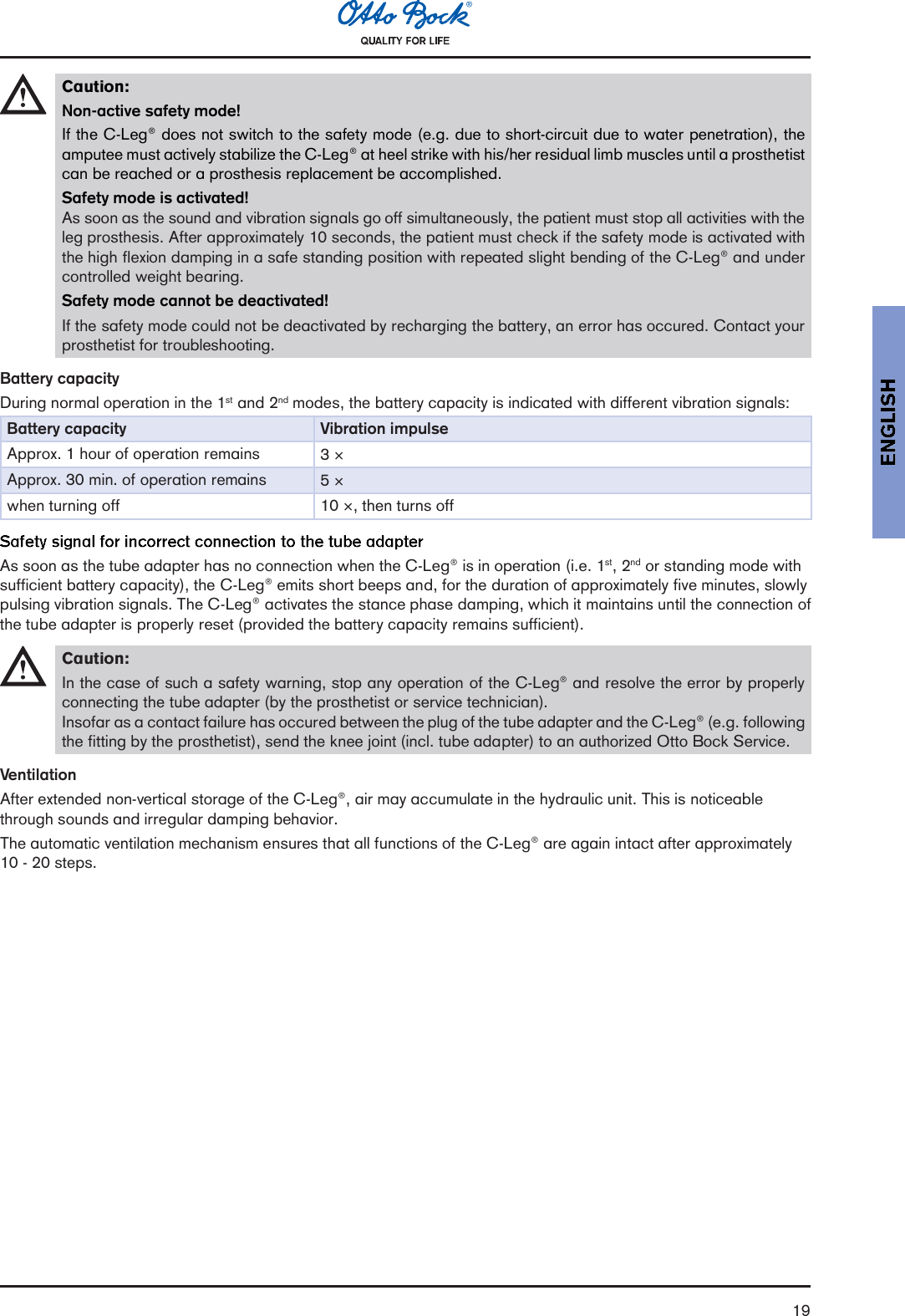 19Caution:Non-active safety mode!If the C-Leg® does not switch to the safety mode (e.g. due to short-circuit due to water penetration), theamputee must actively stabilize the C-Leg® at heel strike with his/her residual limb muscles until a prosthetistcan be reached or a prosthesis replacement be accomplished.Safety mode is activated!As soon as the sound and vibration signals go off simultaneously, the patient must stop all activities with theleg prosthesis. After approximately 10 seconds, the patient must check if the safety mode is activated withthe high flexion damping in a safe standing position with repeated slight bending of the C-Leg® and undercontrolled weight bearing.Safety mode cannot be deactivated!If the safety mode could not be deactivated by recharging the battery, an error has occured. Contact yourprosthetist for troubleshooting.Battery capacityDuring normal operation in the 1st and 2nd modes, the battery capacity is indicated with different vibration signals:Battery capacity Vibration impulseApprox. 1 hour of operation remains 3×Approx. 30 min. of operation remains 5×when turning off 10 ×, then turns offAs soon as the tube adapter has no connection when the C-Leg® is in operation (i.e. 1st, 2nd or standing mode withsufficient battery capacity), the C-Leg® emits short beeps and, for the duration of approximately five minutes, slowlypulsing vibration signals. The C-Leg® activates the stance phase damping, which it maintains until the connection ofthe tube adapter is properly reset (provided the battery capacity remains sufficient).Caution:In the case of such a safety warning, stop any operation of the C-Leg® and resolve the error by properlyconnecting the tube adapter (by the prosthetist or service technician).Insofar as a contact failure has occured between the plug of the tube adapter and the C-Leg® (e.g. followingthe fitting by the prosthetist), send the knee joint (incl. tube adapter) to an authorized Otto Bock Service.VentilationAfter extended non-vertical storage of the C-Leg®, air may accumulate in the hydraulic unit. This is noticeablethrough sounds and irregular damping behavior.The automatic ventilation mechanism ensures that all functions of the C-Leg® are again intact after approximately10 - 20 steps.