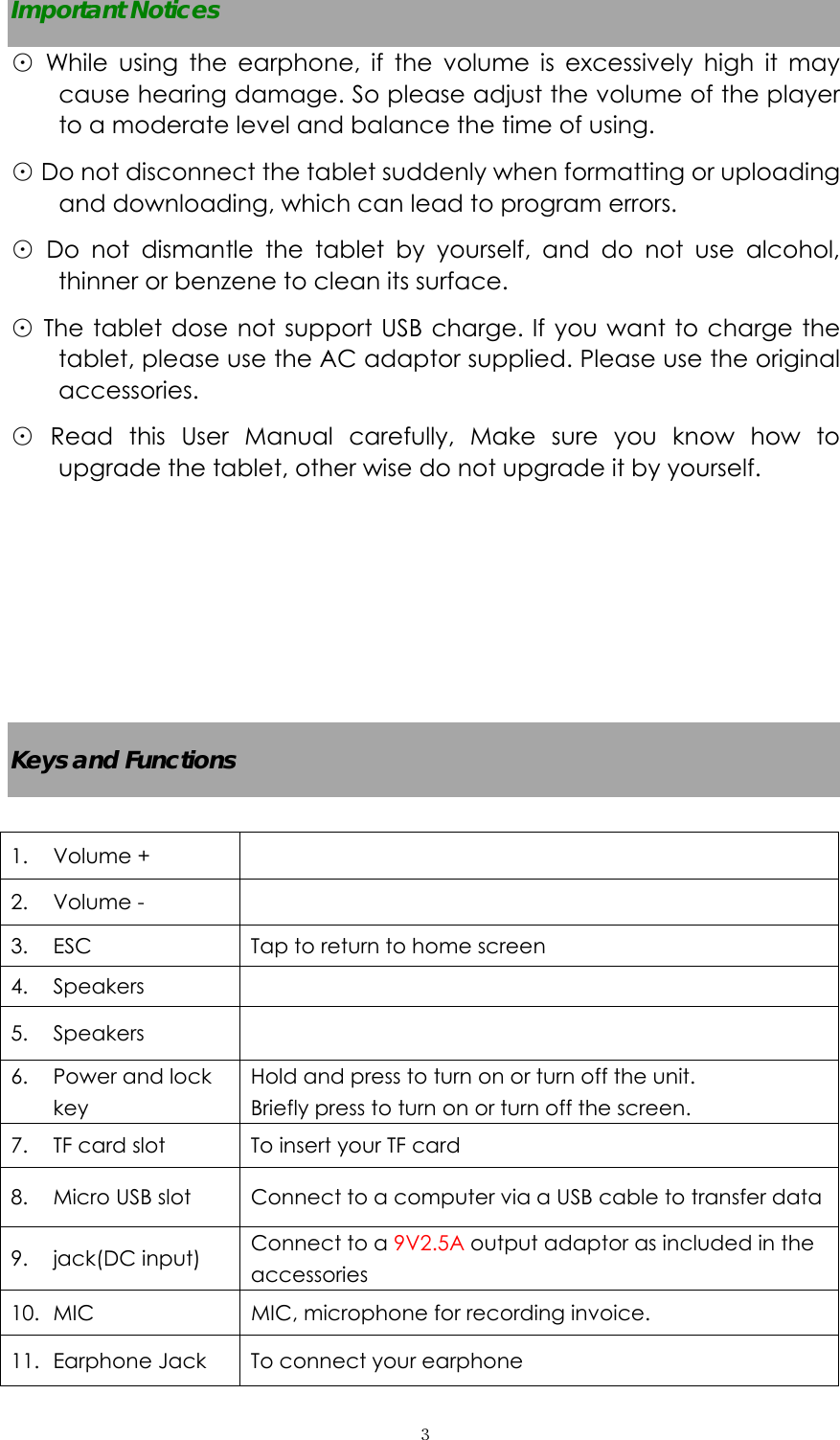  ３Important Notices ⊙ While using the earphone, if the volume is excessively high it may cause hearing damage. So please adjust the volume of the player to a moderate level and balance the time of using. ⊙ Do not disconnect the tablet suddenly when formatting or uploading and downloading, which can lead to program errors. ⊙ Do not dismantle the tablet by yourself, and do not use alcohol, thinner or benzene to clean its surface. ⊙ The tablet dose not support USB charge. If you want to charge the tablet, please use the AC adaptor supplied. Please use the original accessories.  ⊙ Read this User Manual carefully, Make sure you know how to upgrade the tablet, other wise do not upgrade it by yourself.       Keys and Functions  1. Volume +     2. Volume -   3. ESC    Tap to return to home screen 4. Speakers    5. Speakers     6. Power and lock key    Hold and press to turn on or turn off the unit.   Briefly press to turn on or turn off the screen. 7. TF card slot  To insert your TF card 8. Micro USB slot  Connect to a computer via a USB cable to transfer data 9. jack(DC input)    Connect to a 9V2.5A output adaptor as included in the accessories  10. MIC  MIC, microphone for recording invoice. 11. Earphone Jack    To connect your earphone   