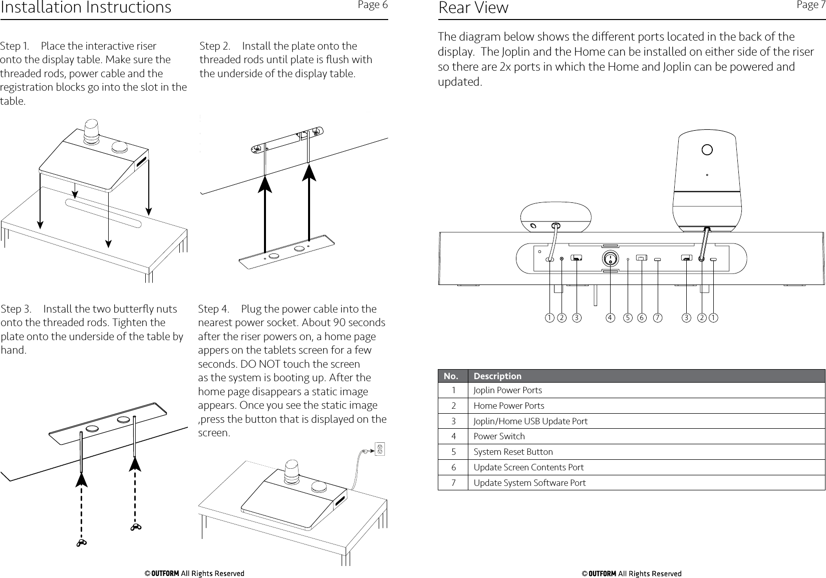 Step 3.  Install the two butterﬂy nuts onto the threaded rods. Tighten the plate onto the underside of the table by hand. Step 4.  Plug the power cable into the nearest power socket. About 90 seconds after the riser powers on, a home page appers on the tablets screen for a few seconds. DO NOT touch the screen as the system is booting up. After the home page disappears a static image appears. Once you see the static image ,press the button that is displayed on the screen. Step 1.  Place the interactive riser onto the display table. Make sure the threaded rods, power cable and the registration blocks go into the slot in the table. Step 2.  Install the plate onto the threaded rods until plate is ﬂush with the underside of the display table.  Installation Instructions Page 6 Rear View Page 711 2 3 4 5 6 7 3 2No. Description1 Joplin Power Ports2 Home Power Ports3 Joplin/Home USB Update Port4 Power Switch5 System Reset Button6 Update Screen Contents Port7 Update System Software PortThe diagram below shows the dierent ports located in the back of the display.  The Joplin and the Home can be installed on either side of the riser so there are 2x ports in which the Home and Joplin can be powered and updated. 