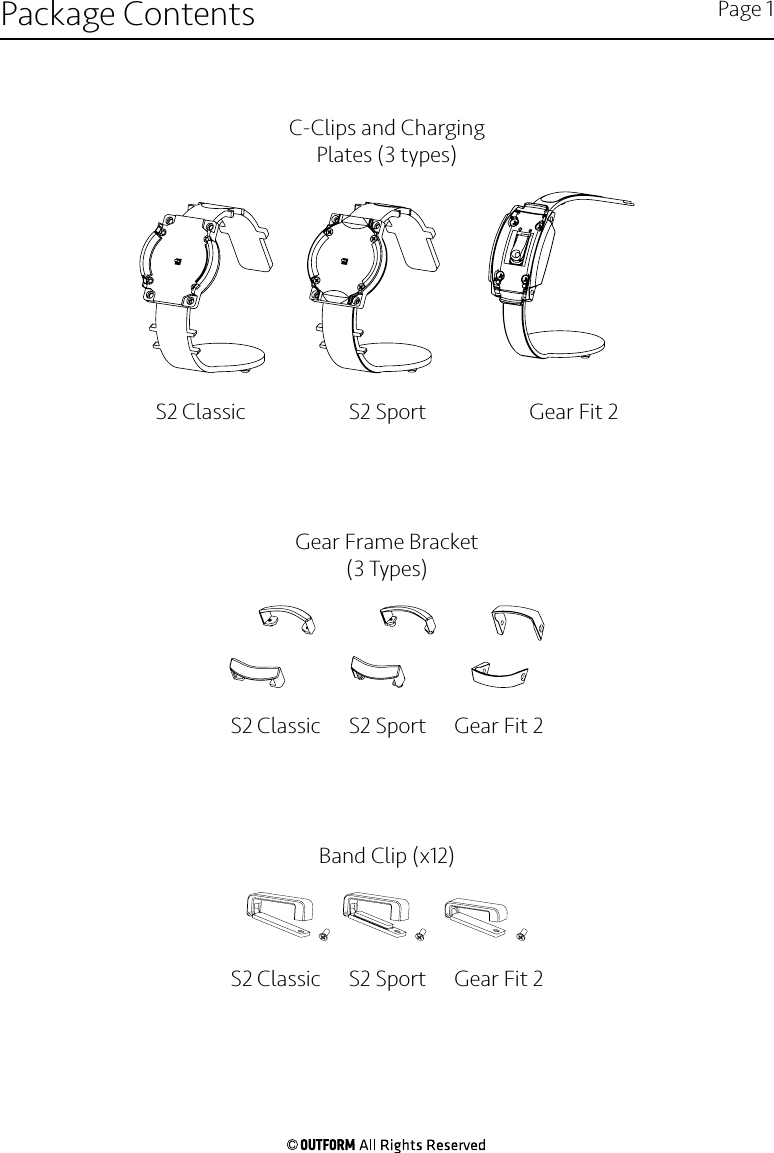 Package Contents Page 1Gear Frame Bracket  (3 Types)Gear Fit 2S2 Classic S2 SportC-Clips and Charging Plates (3 types)Gear Fit 2S2 Classic S2 SportBand Clip (x12)Gear Fit 2S2 Classic S2 Sport