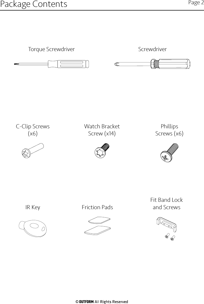 Package Contents Page 2Torque Screwdriver ScrewdriverWatch Bracket Screw (x14)C-Clip Screws (x6)IR Key Friction PadsFit Band Lockand ScrewsPhillipsScrews (x6)