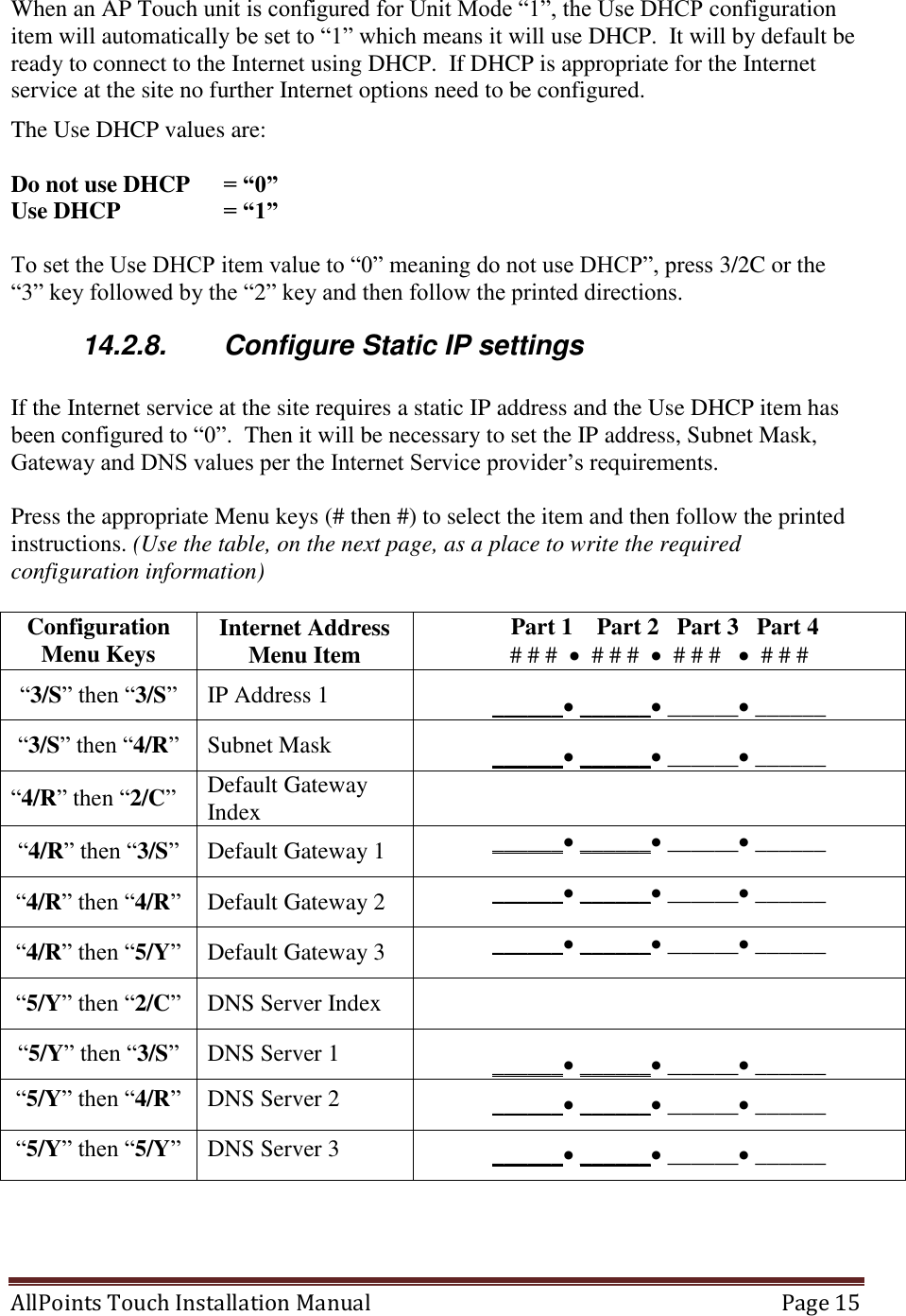  AllPoints Touch Installation Manual   Page 15  When an AP Touch unit is configured for Unit Mode “1”, the Use DHCP configuration item will automatically be set to “1” which means it will use DHCP.  It will by default be ready to connect to the Internet using DHCP.  If DHCP is appropriate for the Internet service at the site no further Internet options need to be configured. The Use DHCP values are:  Do not use DHCP  = “0” Use DHCP    = “1”  To set the Use DHCP item value to “0” meaning do not use DHCP”, press 3/2C or the “3” key followed by the “2” key and then follow the printed directions. 14.2.8.  Configure Static IP settings  If the Internet service at the site requires a static IP address and the Use DHCP item has been configured to “0”.  Then it will be necessary to set the IP address, Subnet Mask, Gateway and DNS values per the Internet Service provider’s requirements.  Press the appropriate Menu keys (# then #) to select the item and then follow the printed instructions. (Use the table, on the next page, as a place to write the required configuration information)  Configuration Menu Keys Internet Address Menu Item   Part 1    Part 2   Part 3   Part 4 # # #    # # #    # # #     # # # “3/S” then “3/S” IP Address 1 ______ ______ ______ ______ “3/S” then “4/R” Subnet Mask  ______ ______ ______ ______ “4/R” then “2/C” Default Gateway Index  “4/R” then “3/S” Default Gateway 1 ______ ______ ______ ______ “4/R” then “4/R” Default Gateway 2 ______ ______ ______ ______ “4/R” then “5/Y” Default Gateway 3 ______ ______ ______ ______ “5/Y” then “2/C” DNS Server Index  “5/Y” then “3/S” DNS Server 1 ______ ______ ______ ______ “5/Y” then “4/R” DNS Server 2 ______ ______ ______ ______ “5/Y” then “5/Y” DNS Server 3 ______ ______ ______ ______  