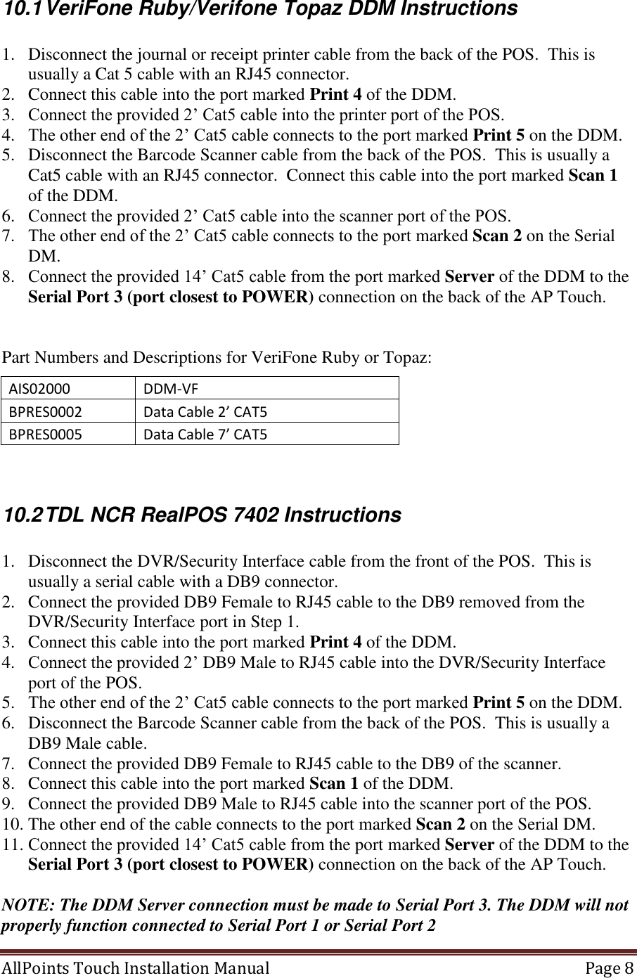  AllPoints Touch Installation Manual   Page 8  10.1 VeriFone Ruby/Verifone Topaz DDM Instructions  1. Disconnect the journal or receipt printer cable from the back of the POS.  This is usually a Cat 5 cable with an RJ45 connector. 2. Connect this cable into the port marked Print 4 of the DDM. 3. Connect the provided 2’ Cat5 cable into the printer port of the POS. 4. The other end of the 2’ Cat5 cable connects to the port marked Print 5 on the DDM. 5. Disconnect the Barcode Scanner cable from the back of the POS.  This is usually a Cat5 cable with an RJ45 connector.  Connect this cable into the port marked Scan 1 of the DDM. 6. Connect the provided 2’ Cat5 cable into the scanner port of the POS. 7. The other end of the 2’ Cat5 cable connects to the port marked Scan 2 on the Serial DM. 8. Connect the provided 14’ Cat5 cable from the port marked Server of the DDM to the Serial Port 3 (port closest to POWER) connection on the back of the AP Touch.   Part Numbers and Descriptions for VeriFone Ruby or Topaz: AIS02000  DDM-VF BPRES0002 Data Cable 2’ CAT5  BPRES0005 Data Cable 7’ CAT5   10.2 TDL NCR RealPOS 7402 Instructions  1. Disconnect the DVR/Security Interface cable from the front of the POS.  This is usually a serial cable with a DB9 connector. 2. Connect the provided DB9 Female to RJ45 cable to the DB9 removed from the DVR/Security Interface port in Step 1. 3. Connect this cable into the port marked Print 4 of the DDM. 4. Connect the provided 2’ DB9 Male to RJ45 cable into the DVR/Security Interface port of the POS. 5. The other end of the 2’ Cat5 cable connects to the port marked Print 5 on the DDM. 6. Disconnect the Barcode Scanner cable from the back of the POS.  This is usually a DB9 Male cable. 7. Connect the provided DB9 Female to RJ45 cable to the DB9 of the scanner. 8. Connect this cable into the port marked Scan 1 of the DDM. 9. Connect the provided DB9 Male to RJ45 cable into the scanner port of the POS. 10. The other end of the cable connects to the port marked Scan 2 on the Serial DM. 11. Connect the provided 14’ Cat5 cable from the port marked Server of the DDM to the Serial Port 3 (port closest to POWER) connection on the back of the AP Touch.  NOTE: The DDM Server connection must be made to Serial Port 3. The DDM will not properly function connected to Serial Port 1 or Serial Port 2 