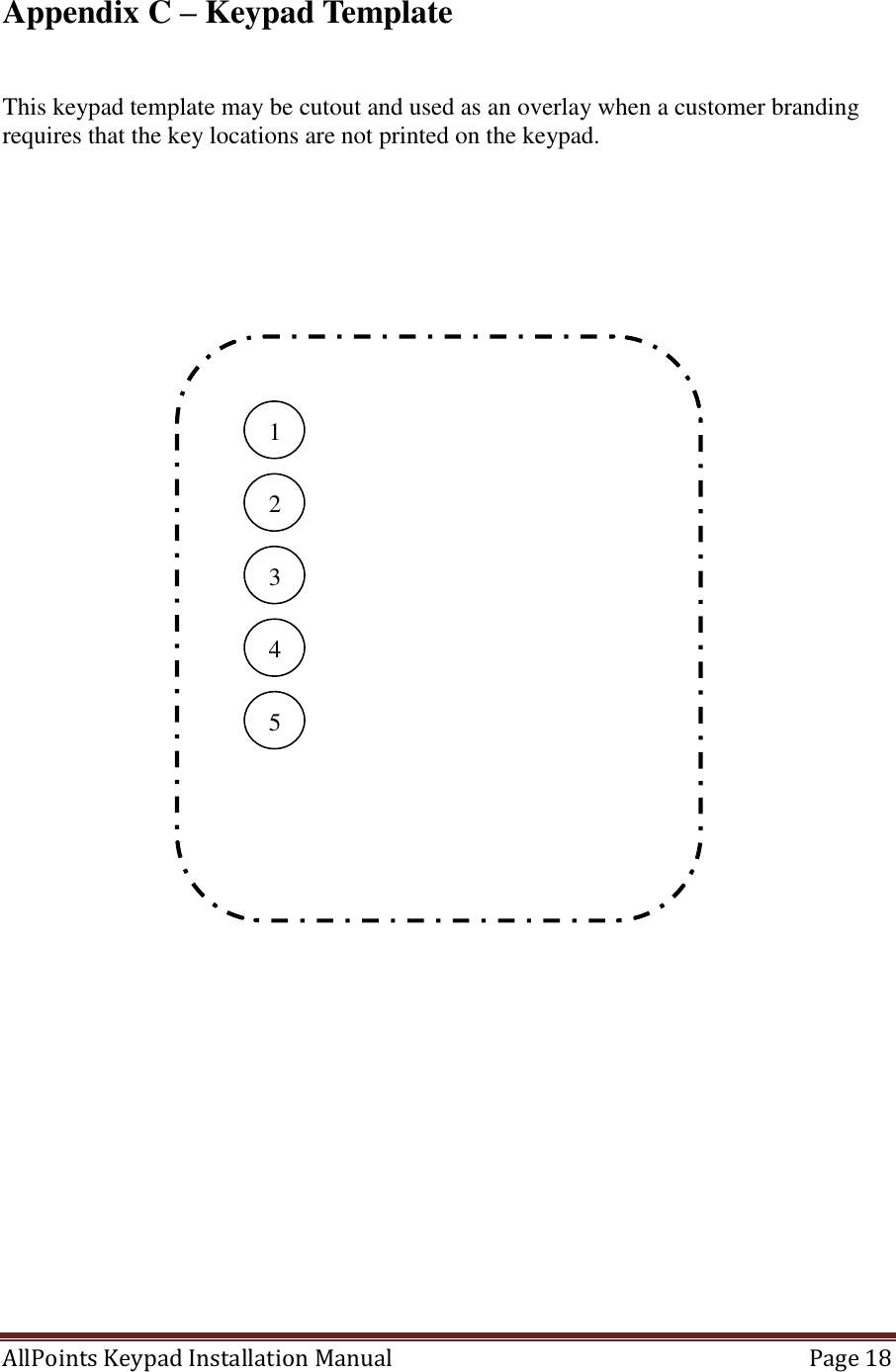 AllPoints Keypad Installation Manual   Page 18  Appendix C – Keypad Template   This keypad template may be cutout and used as an overlay when a customer branding requires that the key locations are not printed on the keypad.         1 2 3 4 5 