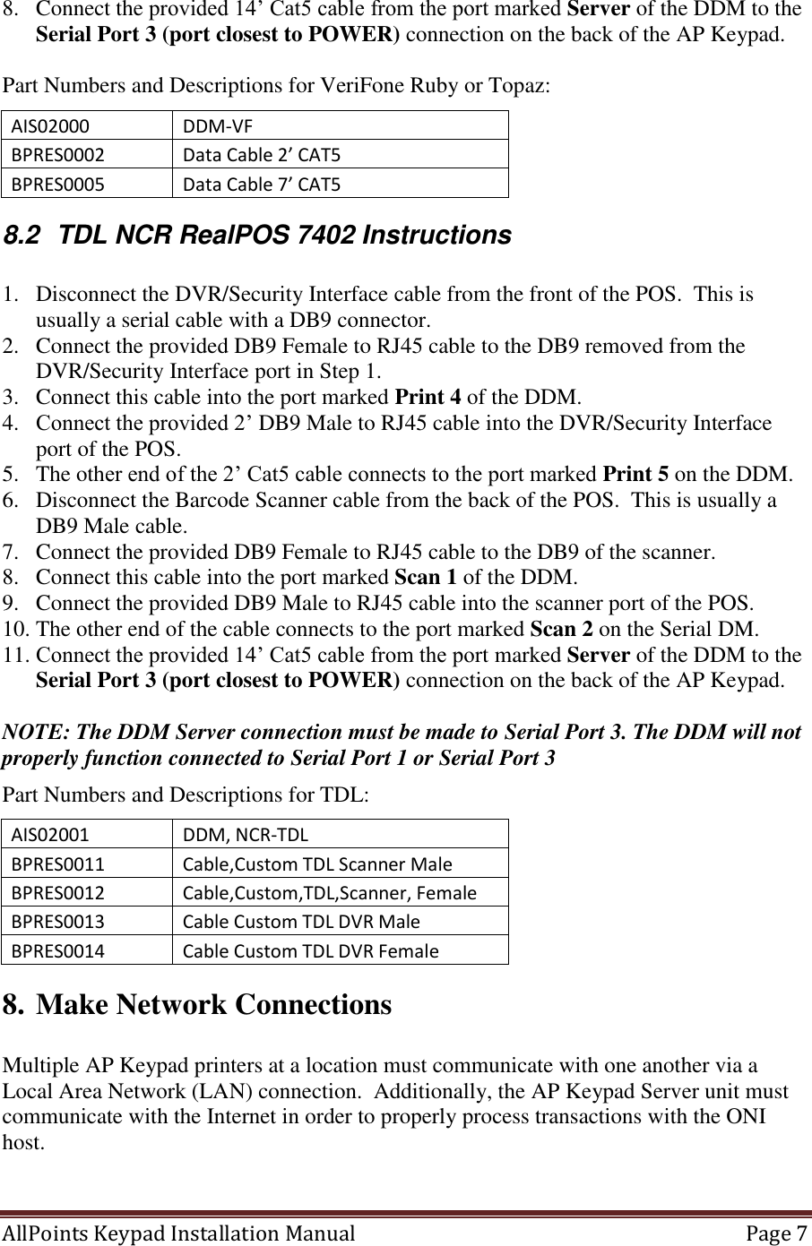 AllPoints Keypad Installation Manual   Page 7  8. Connect the provided 14’ Cat5 cable from the port marked Server of the DDM to the Serial Port 3 (port closest to POWER) connection on the back of the AP Keypad.  Part Numbers and Descriptions for VeriFone Ruby or Topaz: AIS02000  DDM-VF BPRES0002 Data Cable 2’ CAT5  BPRES0005 Data Cable 7’ CAT5 8.2  TDL NCR RealPOS 7402 Instructions  1. Disconnect the DVR/Security Interface cable from the front of the POS.  This is usually a serial cable with a DB9 connector. 2. Connect the provided DB9 Female to RJ45 cable to the DB9 removed from the DVR/Security Interface port in Step 1. 3. Connect this cable into the port marked Print 4 of the DDM. 4. Connect the provided 2’ DB9 Male to RJ45 cable into the DVR/Security Interface port of the POS. 5. The other end of the 2’ Cat5 cable connects to the port marked Print 5 on the DDM. 6. Disconnect the Barcode Scanner cable from the back of the POS.  This is usually a DB9 Male cable. 7. Connect the provided DB9 Female to RJ45 cable to the DB9 of the scanner. 8. Connect this cable into the port marked Scan 1 of the DDM. 9. Connect the provided DB9 Male to RJ45 cable into the scanner port of the POS. 10. The other end of the cable connects to the port marked Scan 2 on the Serial DM. 11. Connect the provided 14’ Cat5 cable from the port marked Server of the DDM to the Serial Port 3 (port closest to POWER) connection on the back of the AP Keypad.  NOTE: The DDM Server connection must be made to Serial Port 3. The DDM will not properly function connected to Serial Port 1 or Serial Port 3 Part Numbers and Descriptions for TDL: AIS02001  DDM, NCR-TDL BPRES0011 Cable,Custom TDL Scanner Male  BPRES0012 Cable,Custom,TDL,Scanner, Female BPRES0013 Cable Custom TDL DVR Male  BPRES0014 Cable Custom TDL DVR Female  8. Make Network Connections  Multiple AP Keypad printers at a location must communicate with one another via a Local Area Network (LAN) connection.  Additionally, the AP Keypad Server unit must communicate with the Internet in order to properly process transactions with the ONI host.  