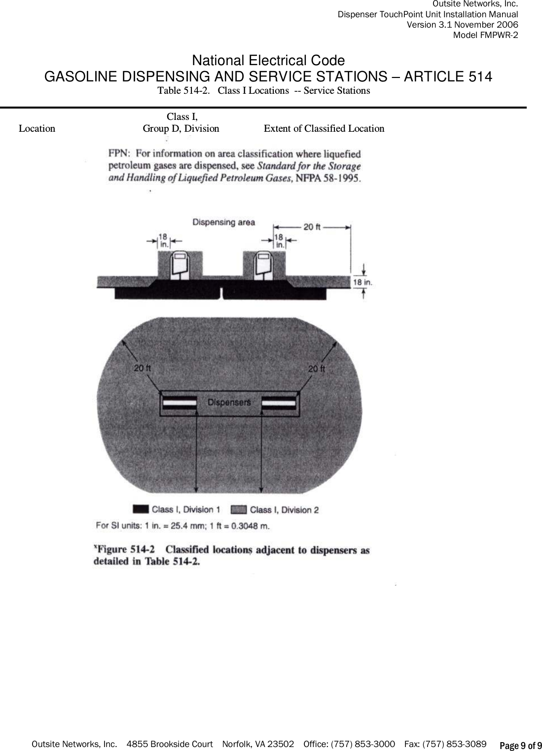 Outsite Networks, Inc. Dispenser TouchPoint Unit Installation Manual Version 3.1 November 2006 Model FMPWR-2 Outsite Networks, Inc.    4855 Brookside Court    Norfolk, VA 23502    Office: (757) 853-3000    Fax: (757) 853-3089 Page 9 of 9  National Electrical Code GASOLINE DISPENSING AND SERVICE STATIONS – ARTICLE 514 Table 514-2.   Class I Locations  -- Service Stations      Class I, Location          Group D, Division           Extent of Classified Location                                                                                                                                                                                                                                                                                                                                                                                                                    