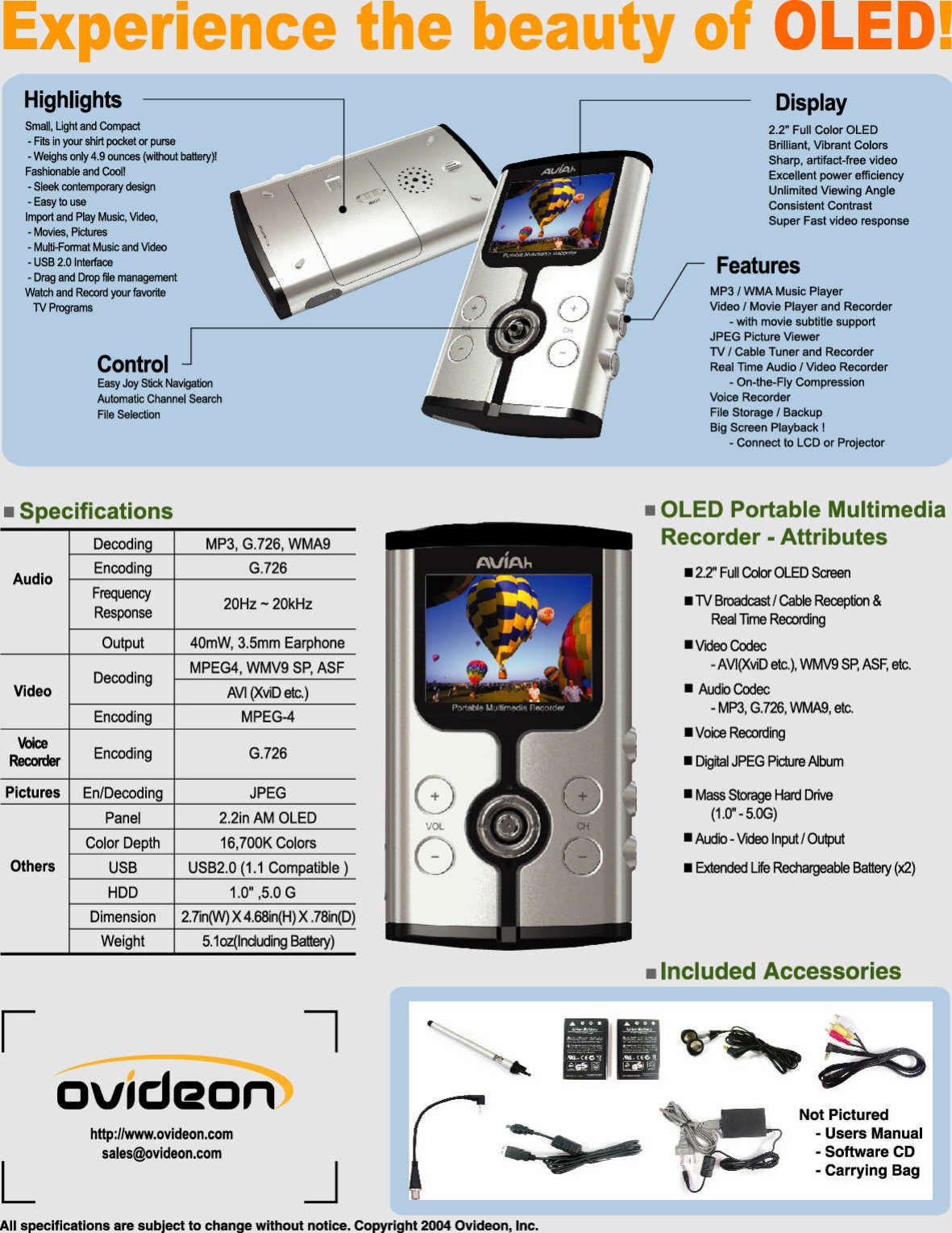 Page 2 of 2 - Ovideon Ovideon-Aviah-Portable-Multimedia-Recorder-And-Player-Users-Manual- AVIAh_Spec_Sheet_v8  Ovideon-aviah-portable-multimedia-recorder-and-player-users-manual