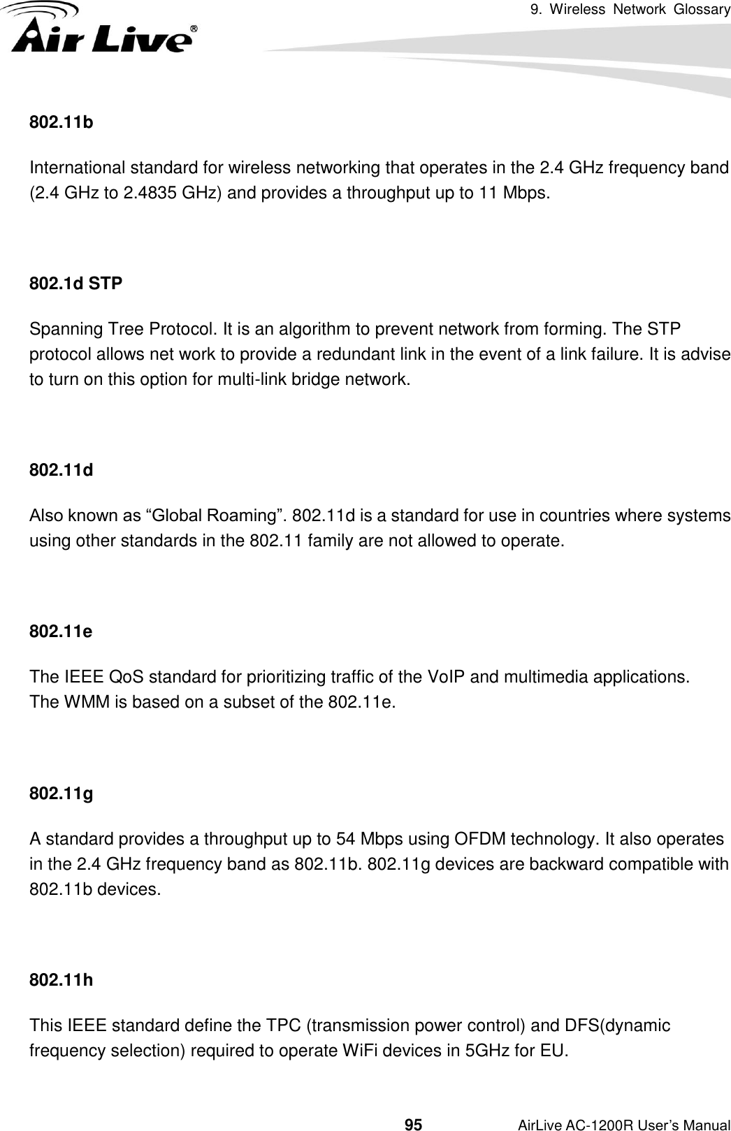 9.  Wireless  Network  Glossary                                          95           AirLive AC-1200R User’s Manual 802.11b International standard for wireless networking that operates in the 2.4 GHz frequency band (2.4 GHz to 2.4835 GHz) and provides a throughput up to 11 Mbps.    802.1d STP Spanning Tree Protocol. It is an algorithm to prevent network from forming. The STP protocol allows net work to provide a redundant link in the event of a link failure. It is advise to turn on this option for multi-link bridge network.  802.11d Also known as “Global Roaming”. 802.11d is a standard for use in countries where systems using other standards in the 802.11 family are not allowed to operate.  802.11e The IEEE QoS standard for prioritizing traffic of the VoIP and multimedia applications.   The WMM is based on a subset of the 802.11e.  802.11g A standard provides a throughput up to 54 Mbps using OFDM technology. It also operates in the 2.4 GHz frequency band as 802.11b. 802.11g devices are backward compatible with 802.11b devices.  802.11h This IEEE standard define the TPC (transmission power control) and DFS(dynamic frequency selection) required to operate WiFi devices in 5GHz for EU. 