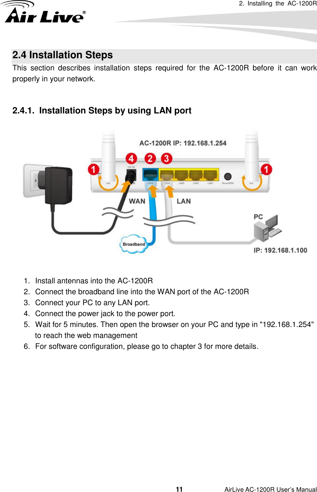 2.  Installing  the  AC-1200R                                         11           AirLive AC-1200R User’s Manual 2.4 Installation Steps   This  section  describes  installation  steps  required  for  the  AC-1200R  before  it  can  work properly in your network.    2.4.1.   Installation Steps by using LAN port   1.  Install antennas into the AC-1200R   2.  Connect the broadband line into the WAN port of the AC-1200R   3.  Connect your PC to any LAN port.   4.  Connect the power jack to the power port.   5.  Wait for 5 minutes. Then open the browser on your PC and type in &quot;192.168.1.254&quot; to reach the web management   6.  For software configuration, please go to chapter 3 for more details.  
