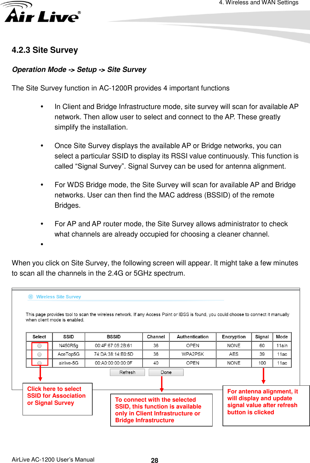 4. Wireless and WAN Settings AirLive AC-1200 User’s Manual 28 4.2.3 Site Survey Operation Mode -&gt; Setup -&gt; Site Survey The Site Survey function in AC-1200R provides 4 important functions   In Client and Bridge Infrastructure mode, site survey will scan for available AP network. Then allow user to select and connect to the AP. These greatly simplify the installation.   Once Site Survey displays the available AP or Bridge networks, you can select a particular SSID to display its RSSI value continuously. This function is called “Signal Survey”. Signal Survey can be used for antenna alignment.     For WDS Bridge mode, the Site Survey will scan for available AP and Bridge networks. User can then find the MAC address (BSSID) of the remote Bridges.   For AP and AP router mode, the Site Survey allows administrator to check what channels are already occupied for choosing a cleaner channel.    When you click on Site Survey, the following screen will appear. It might take a few minutes to scan all the channels in the 2.4G or 5GHz spectrum.      Click here to select SSID for Association or Signal Survey For antenna alignment, it will display and update signal value after refresh button is clicked To connect with the selected SSID, this function is available only in Client Infrastructure or Bridge Infrastructure 