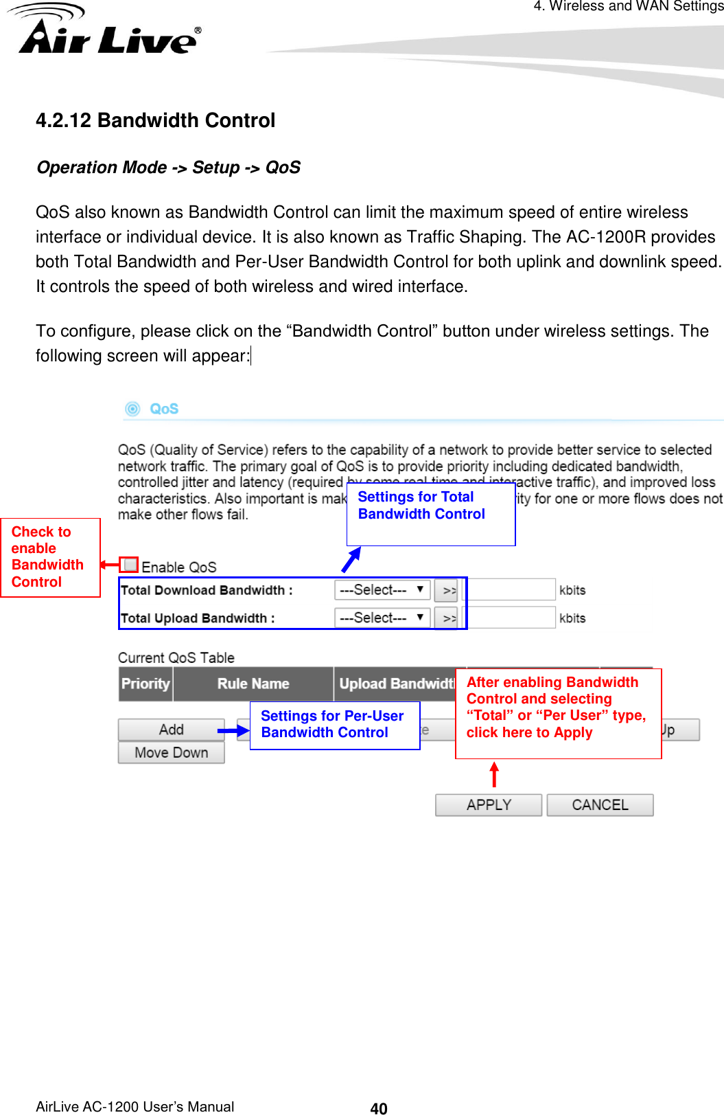 4. Wireless and WAN Settings AirLive AC-1200 User’s Manual 40 4.2.12 Bandwidth Control Operation Mode -&gt; Setup -&gt; QoS QoS also known as Bandwidth Control can limit the maximum speed of entire wireless interface or individual device. It is also known as Traffic Shaping. The AC-1200R provides both Total Bandwidth and Per-User Bandwidth Control for both uplink and downlink speed. It controls the speed of both wireless and wired interface. To configure, please click on the “Bandwidth Control” button under wireless settings. The following screen will appear:   Check to enable Bandwidth Control After enabling Bandwidth Control and selecting “Total” or “Per User” type, click here to Apply Settings for Total Bandwidth Control Settings for Per-User Bandwidth Control 
