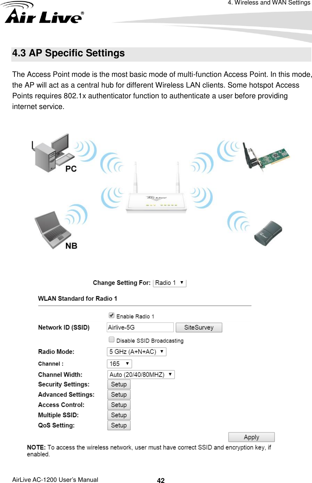4. Wireless and WAN Settings AirLive AC-1200 User’s Manual 42 4.3 AP Specific Settings The Access Point mode is the most basic mode of multi-function Access Point. In this mode, the AP will act as a central hub for different Wireless LAN clients. Some hotspot Access Points requires 802.1x authenticator function to authenticate a user before providing internet service.    