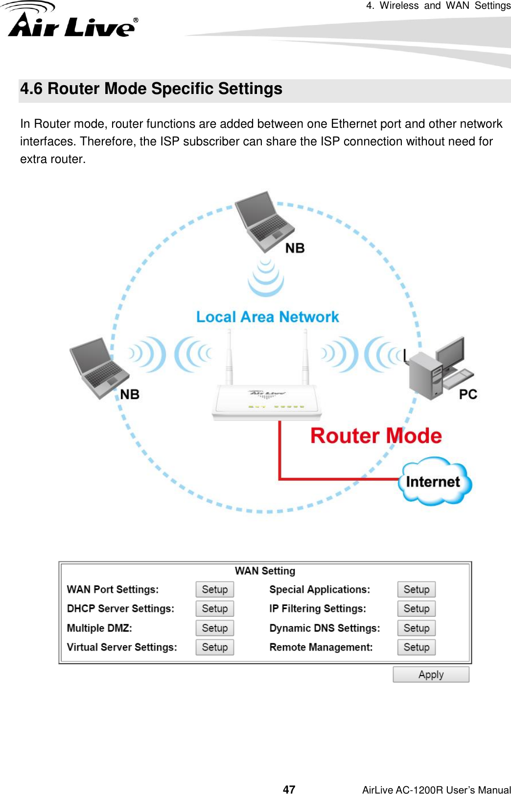4.  Wireless  and  WAN  Settings                                         47           AirLive AC-1200R User’s Manual 4.6 Router Mode Specific Settings In Router mode, router functions are added between one Ethernet port and other network interfaces. Therefore, the ISP subscriber can share the ISP connection without need for extra router.       