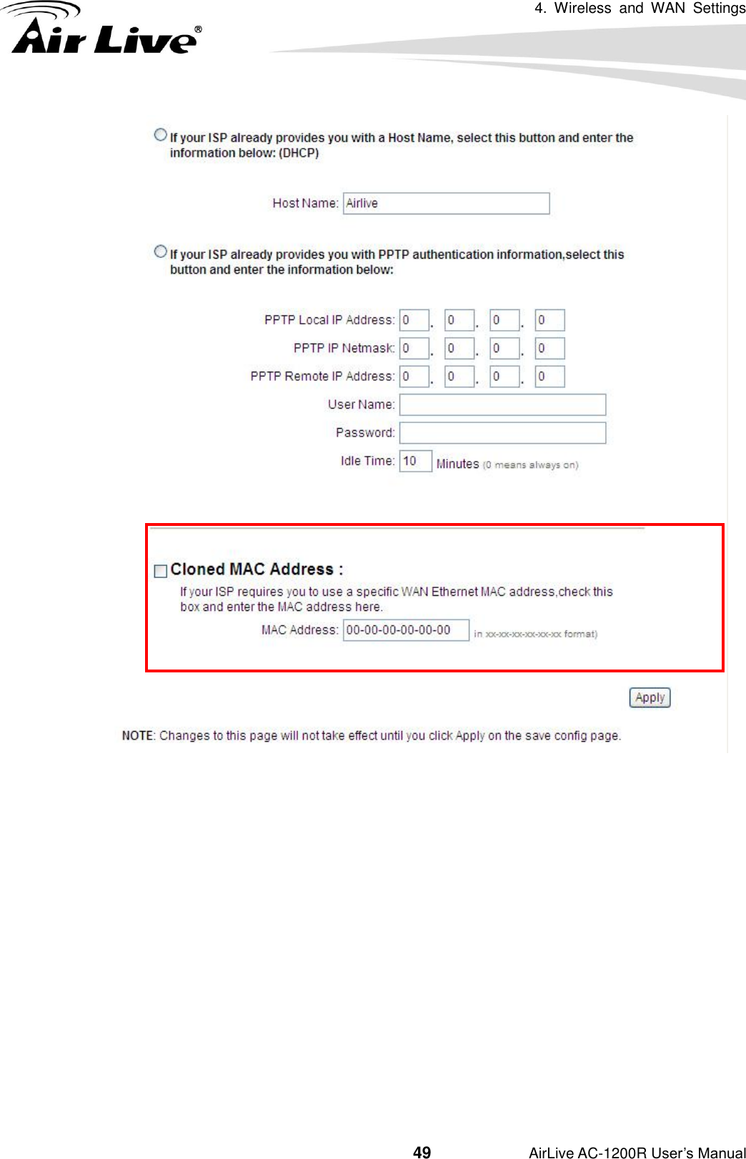 4.  Wireless  and  WAN  Settings                                         49           AirLive AC-1200R User’s Manual           