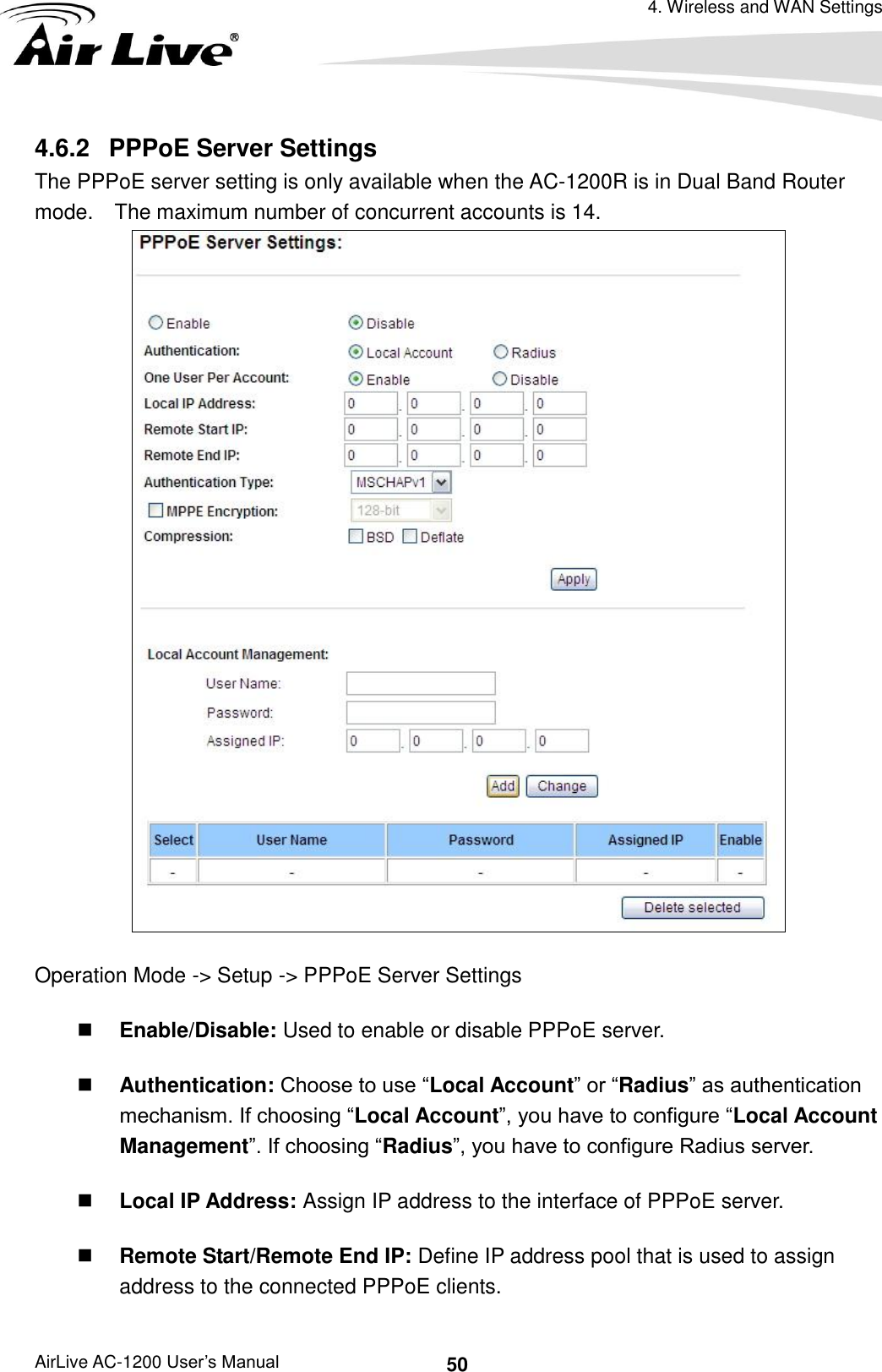 4. Wireless and WAN Settings AirLive AC-1200 User’s Manual 50 4.6.2   PPPoE Server Settings The PPPoE server setting is only available when the AC-1200R is in Dual Band Router mode.  The maximum number of concurrent accounts is 14.  Operation Mode -&gt; Setup -&gt; PPPoE Server Settings  Enable/Disable: Used to enable or disable PPPoE server.  Authentication: Choose to use “Local Account” or “Radius” as authentication mechanism. If choosing “Local Account”, you have to configure “Local Account Management”. If choosing “Radius”, you have to configure Radius server.  Local IP Address: Assign IP address to the interface of PPPoE server.  Remote Start/Remote End IP: Define IP address pool that is used to assign address to the connected PPPoE clients. 