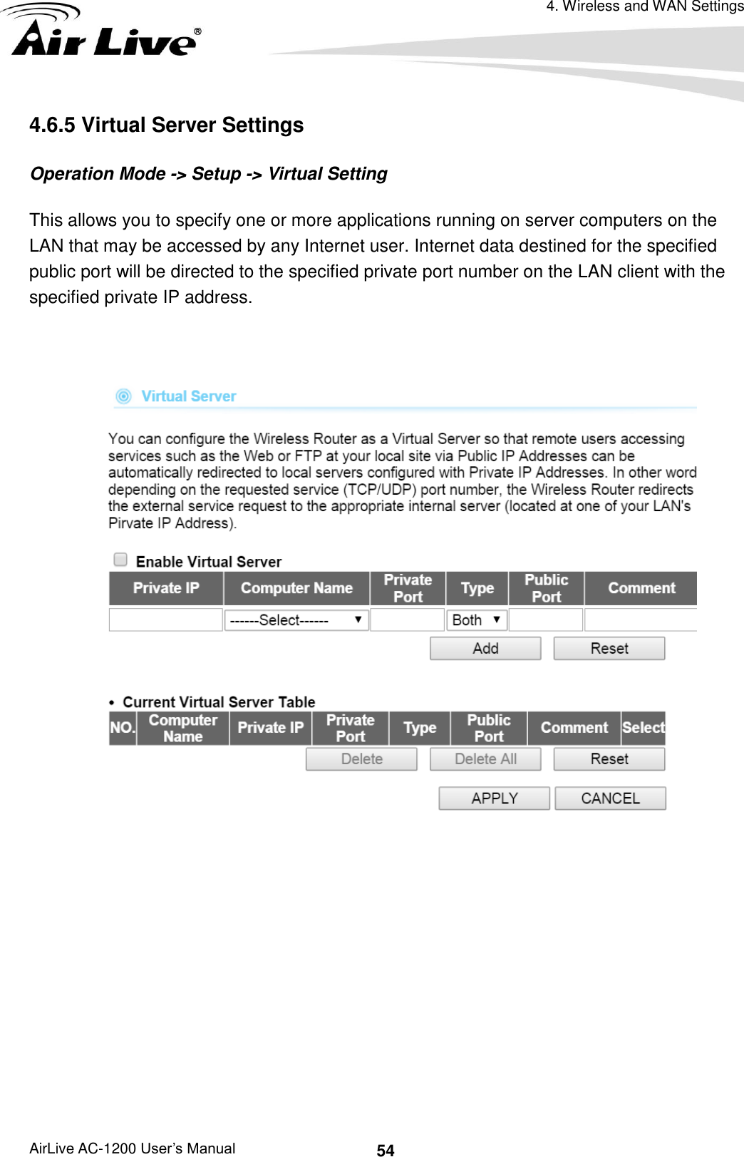 4. Wireless and WAN Settings AirLive AC-1200 User’s Manual 54 4.6.5 Virtual Server Settings Operation Mode -&gt; Setup -&gt; Virtual Setting This allows you to specify one or more applications running on server computers on the LAN that may be accessed by any Internet user. Internet data destined for the specified public port will be directed to the specified private port number on the LAN client with the specified private IP address.         