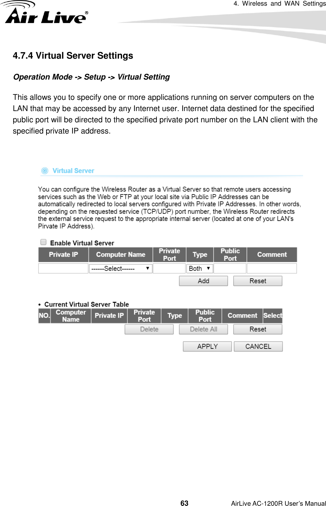 4.  Wireless  and  WAN  Settings                                         63           AirLive AC-1200R User’s Manual 4.7.4 Virtual Server Settings Operation Mode -&gt; Setup -&gt; Virtual Setting This allows you to specify one or more applications running on server computers on the LAN that may be accessed by any Internet user. Internet data destined for the specified public port will be directed to the specified private port number on the LAN client with the specified private IP address.          