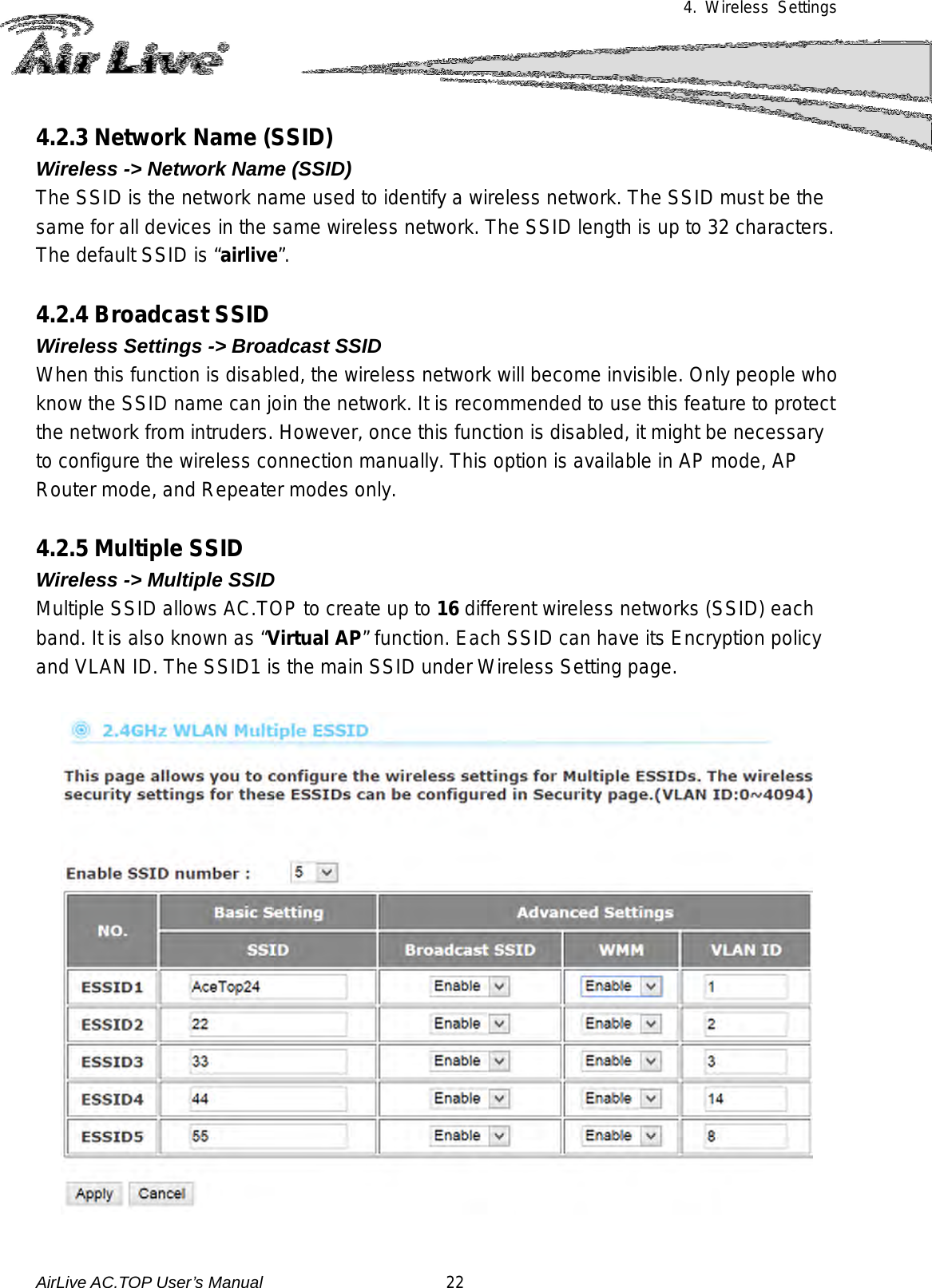 4. Wireless Settings  4.2.3 Network Name (SSID) Wireless -&gt; Network Name (SSID) The SSID is the network name used to identify a wireless network. The SSID must be the same for all devices in the same wireless network. The SSID length is up to 32 characters.   The default SSID is “airlive”.    4.2.4 Broadcast SSID Wireless Settings -&gt; Broadcast SSID When this function is disabled, the wireless network will become invisible. Only people who know the SSID name can join the network. It is recommended to use this feature to protect the network from intruders. However, once this function is disabled, it might be necessary to configure the wireless connection manually. This option is available in AP mode, AP Router mode, and Repeater modes only.  4.2.5 Multiple SSID Wireless -&gt; Multiple SSID Multiple SSID allows AC.TOP to create up to 16 different wireless networks (SSID) each band. It is also known as “Virtual AP” function. Each SSID can have its Encryption policy and VLAN ID. The SSID1 is the main SSID under Wireless Setting page.    AirLive AC.TOP User’s Manual                      22 