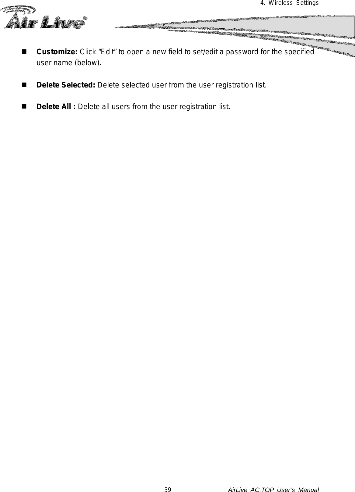 4. Wireless Settings   Customize: Click “Edit” to open a new field to set/edit a password for the specified user name (below).   Delete Selected: Delete selected user from the user registration list.   Delete All : Delete all users from the user registration list.39               AirLive  AC.TOP User’s Manual 