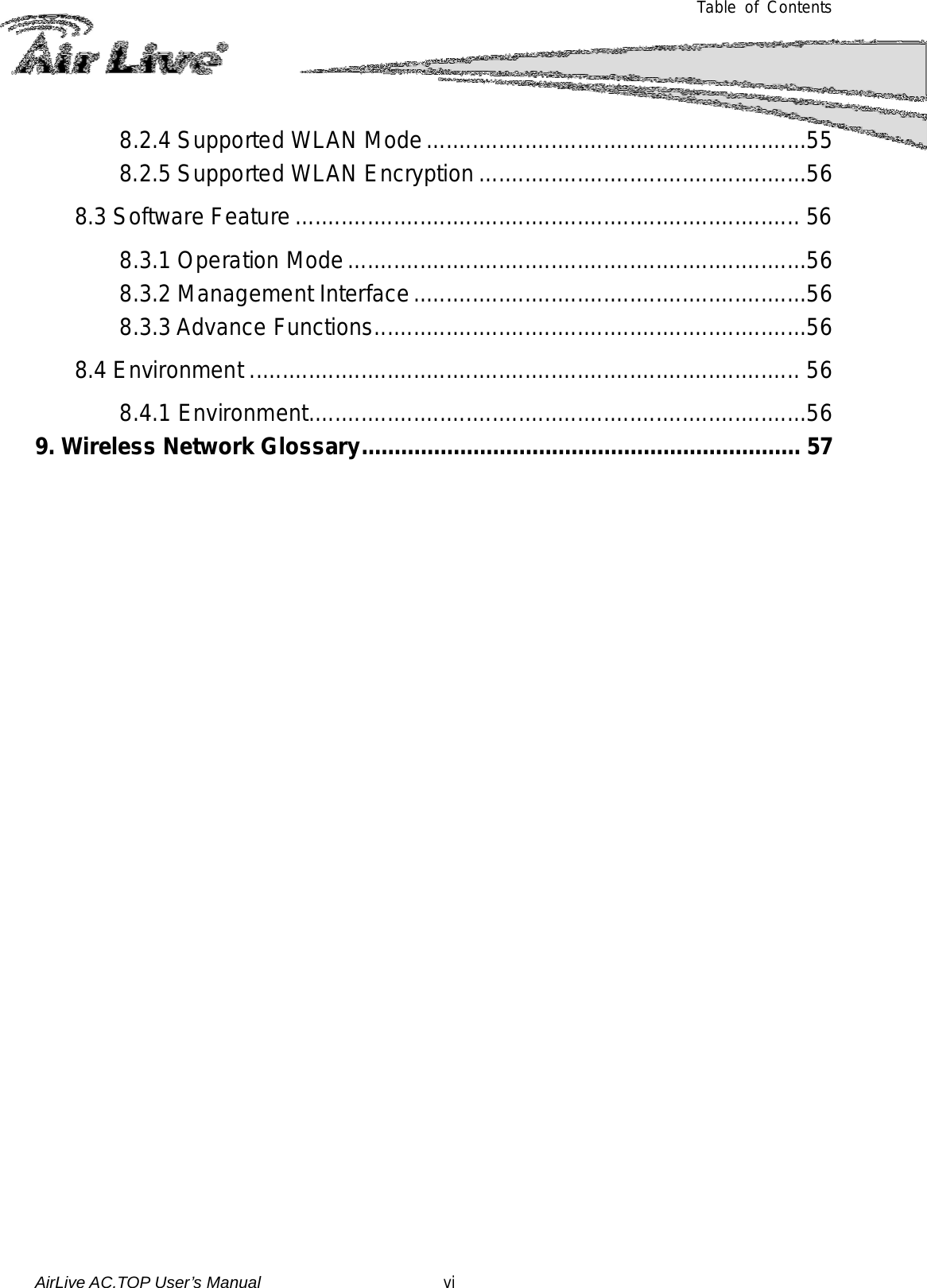  Table of Contents 8.2.4 Supported WLAN Mode ..........................................................55 8.2.5 Supported WLAN Encryption ..................................................56 8.3 Software Feature ............................................................................. 56 8.3.1 Operation Mode ......................................................................56 8.3.2 Management Interface ............................................................56 8.3.3 Advance Functions ..................................................................56 8.4 Environment .................................................................................... 56 8.4.1 Environment ............................................................................56 9. Wireless Network Glossary ................................................................... 57  AirLive AC.TOP User’s Manual                      vi 