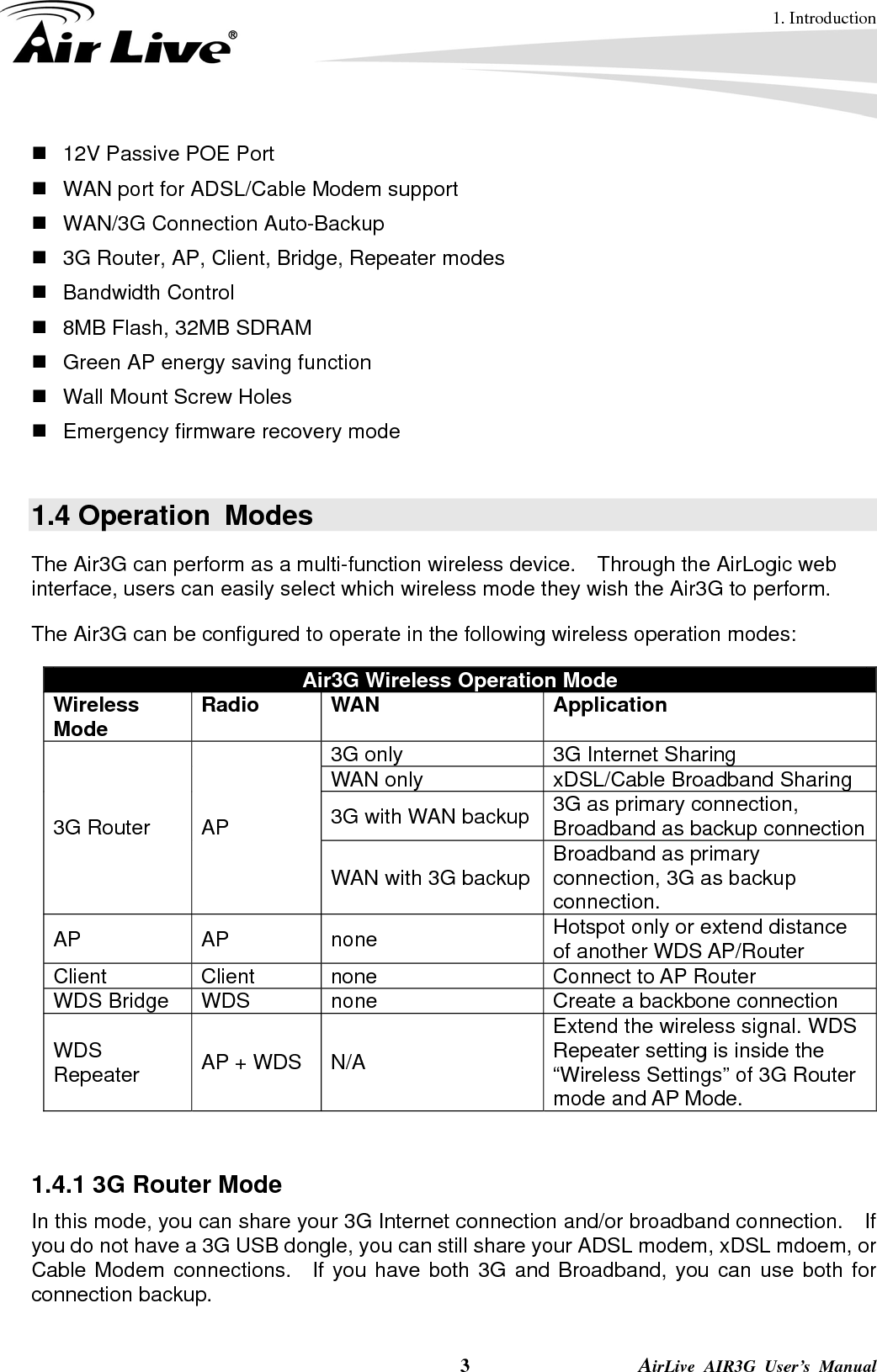 1. Introduction  3                AirLive AIR3G User’s Manual   12V Passive POE Port     WAN port for ADSL/Cable Modem support    WAN/3G Connection Auto-Backup    3G Router, AP, Client, Bridge, Repeater modes    Bandwidth Control    8MB Flash, 32MB SDRAM     Green AP energy saving function   Wall Mount Screw Holes     Emergency firmware recovery mode  1.4 Operation  Modes The Air3G can perform as a multi-function wireless device.    Through the AirLogic web interface, users can easily select which wireless mode they wish the Air3G to perform.   The Air3G can be configured to operate in the following wireless operation modes:   Air3G Wireless Operation Mode Wireless Mode Radio   WAN Application 3G only  3G Internet Sharing WAN only  xDSL/Cable Broadband Sharing 3G with WAN backup 3G as primary connection,     Broadband as backup connection3G Router  AP   WAN with 3G backup Broadband as primary connection, 3G as backup connection. AP AP none  Hotspot only or extend distance of another WDS AP/Router Client Client none  Connect to AP Router WDS Bridge  WDS  none  Create a backbone connection WDS Repeater  AP + WDS  N/A Extend the wireless signal. WDS Repeater setting is inside the “Wireless Settings” of 3G Router mode and AP Mode.   1.4.1 3G Router Mode In this mode, you can share your 3G Internet connection and/or broadband connection.    If you do not have a 3G USB dongle, you can still share your ADSL modem, xDSL mdoem, or Cable Modem connections.  If you have both 3G and Broadband, you can use both for connection backup. 