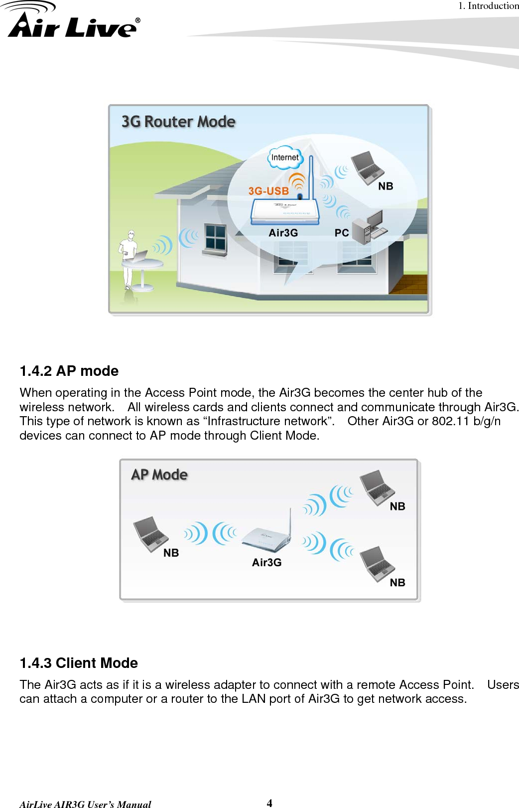 1. Introduction  AirLive AIR3G User’s Manual  4    1.4.2 AP mode When operating in the Access Point mode, the Air3G becomes the center hub of the wireless network.  All wireless cards and clients connect and communicate through Air3G.   This type of network is known as “Infrastructure network”.  Other Air3G or 802.11 b/g/n devices can connect to AP mode through Client Mode.     1.4.3 Client Mode   The Air3G acts as if it is a wireless adapter to connect with a remote Access Point.    Users can attach a computer or a router to the LAN port of Air3G to get network access. 