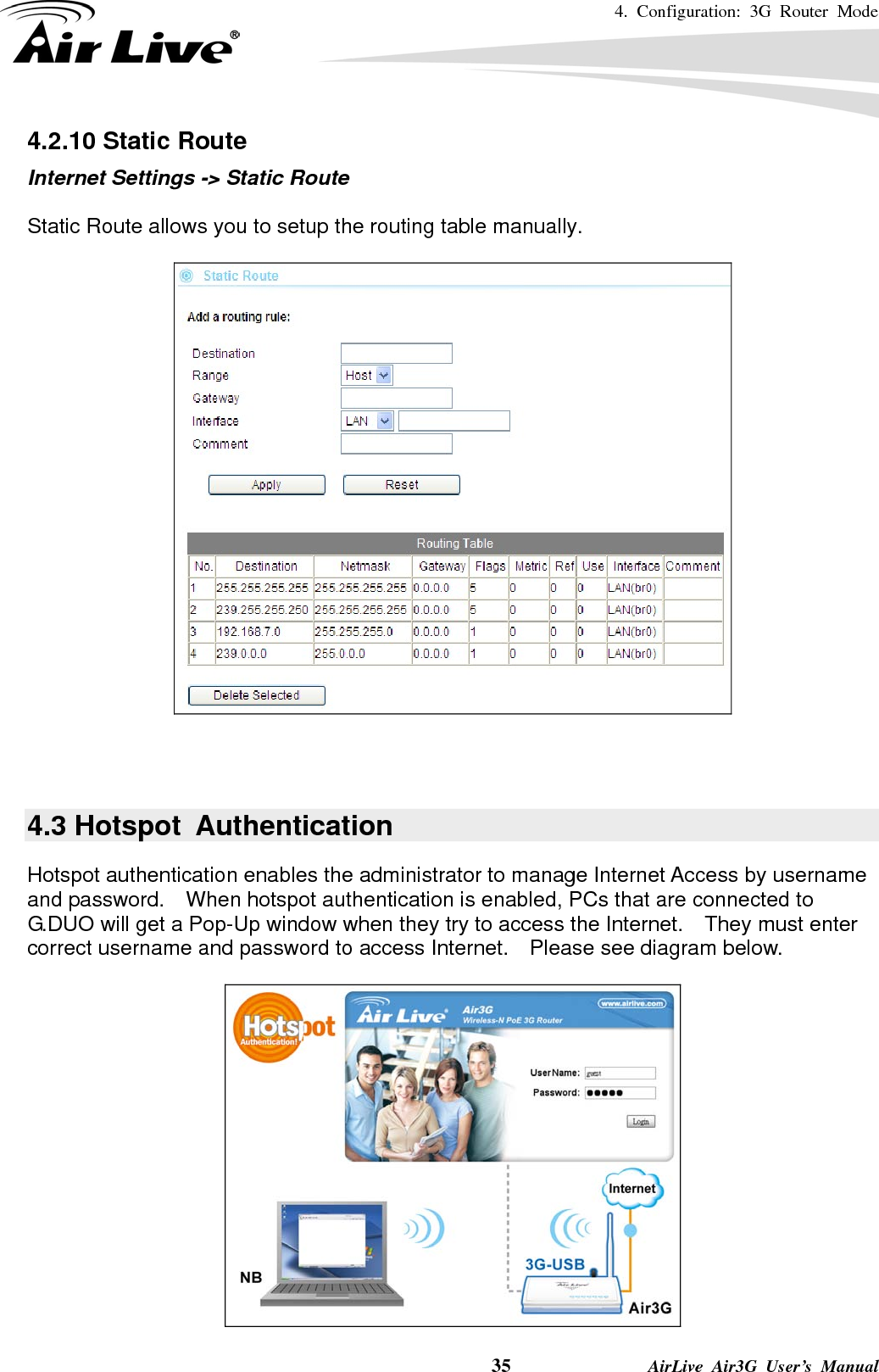 4. Configuration: 3G Router Mode     35              AirLive Air3G User’s Manual 4.2.10 Static Route Internet Settings -&gt; Static Route  Static Route allows you to setup the routing table manually.      4.3 Hotspot  Authentication Hotspot authentication enables the administrator to manage Internet Access by username and password.  When hotspot authentication is enabled, PCs that are connected to G.DUO will get a Pop-Up window when they try to access the Internet.  They must enter correct username and password to access Internet.    Please see diagram below.     