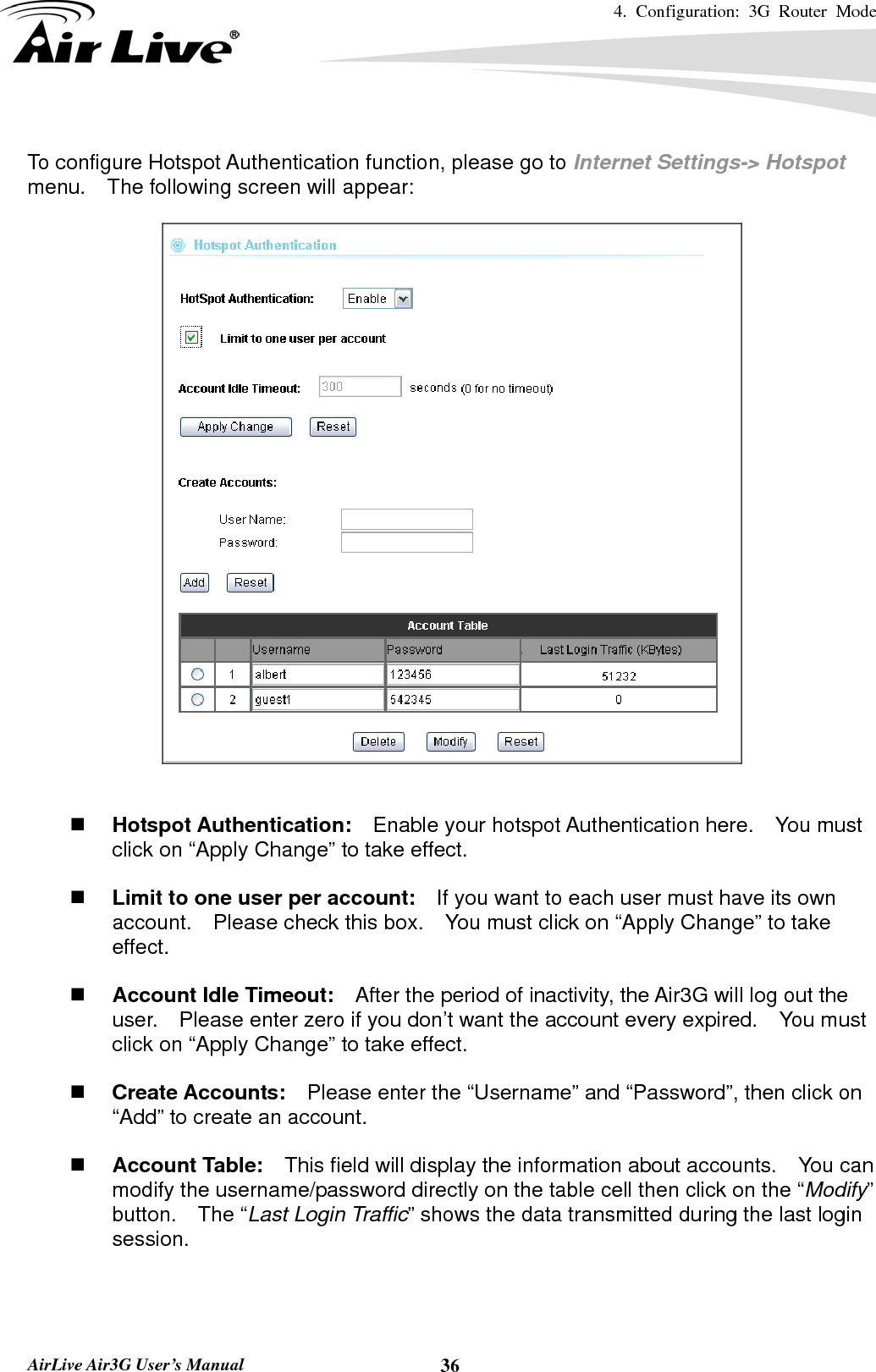 4. Configuration: 3G Router Mode   AirLive Air3G User’s Manual  36 To configure Hotspot Authentication function, please go to Internet Settings-&gt; Hotspot menu.    The following screen will appear:      Hotspot Authentication:    Enable your hotspot Authentication here.    You must click on “Apply Change” to take effect.   Limit to one user per account:    If you want to each user must have its own account.  Please check this box.  You must click on “Apply Change” to take effect.   Account Idle Timeout:    After the period of inactivity, the Air3G will log out the user.    Please enter zero if you don’t want the account every expired.    You must click on “Apply Change” to take effect.   Create Accounts:    Please enter the “Username” and “Password”, then click on “Add” to create an account.   Account Table:    This field will display the information about accounts.  You can modify the username/password directly on the table cell then click on the “Modify” button.  The “Last Login Traffic” shows the data transmitted during the last login session.    